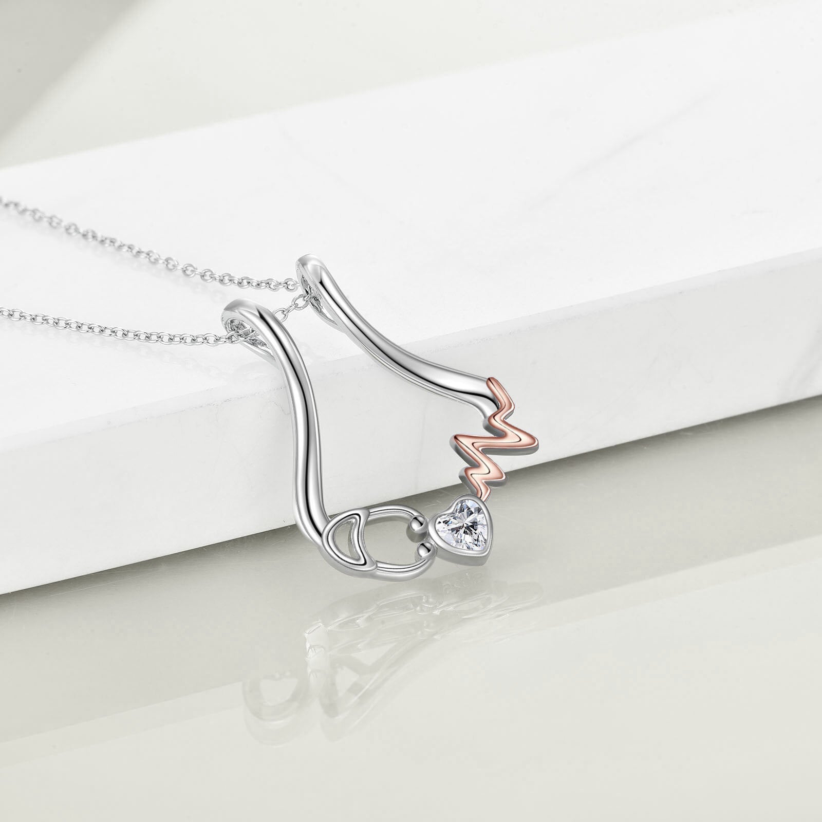 Sterling Silver Two-Tone Heart Cubic Zirconia Electrocardiogram & Stethoscope Pendant Necklace For Women