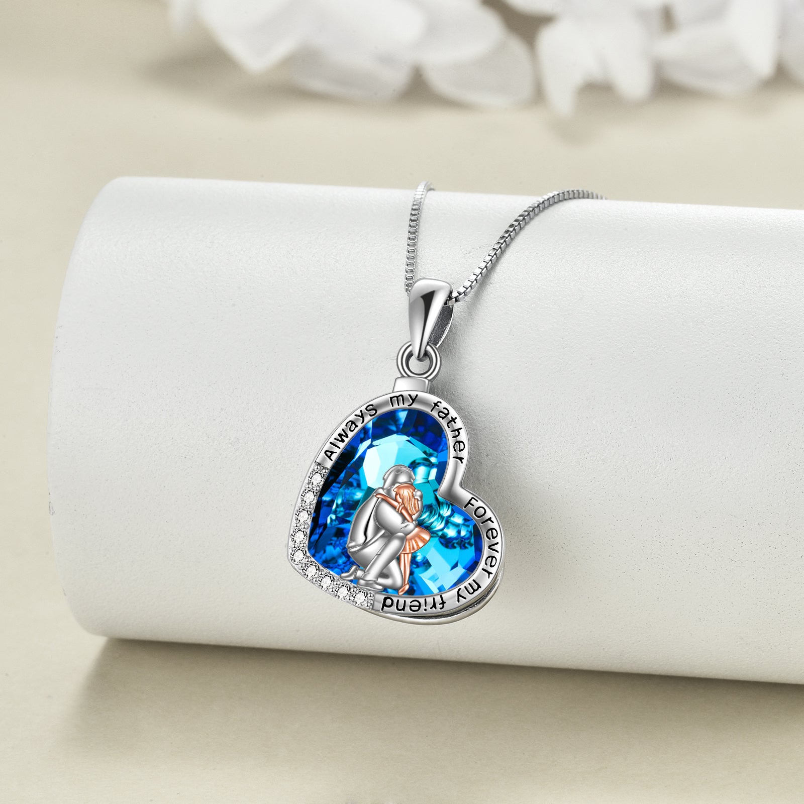 Sterling Silver Two-Tone Heart Crystal With Zircon Father & Daughter Pendant Necklace For Daughter