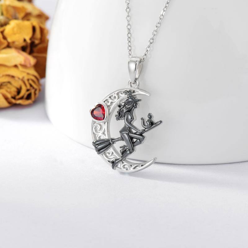 Sterling Silver Two-tone Heart Shaped Cubic Zirconia Moon & Witch Pendant Necklace