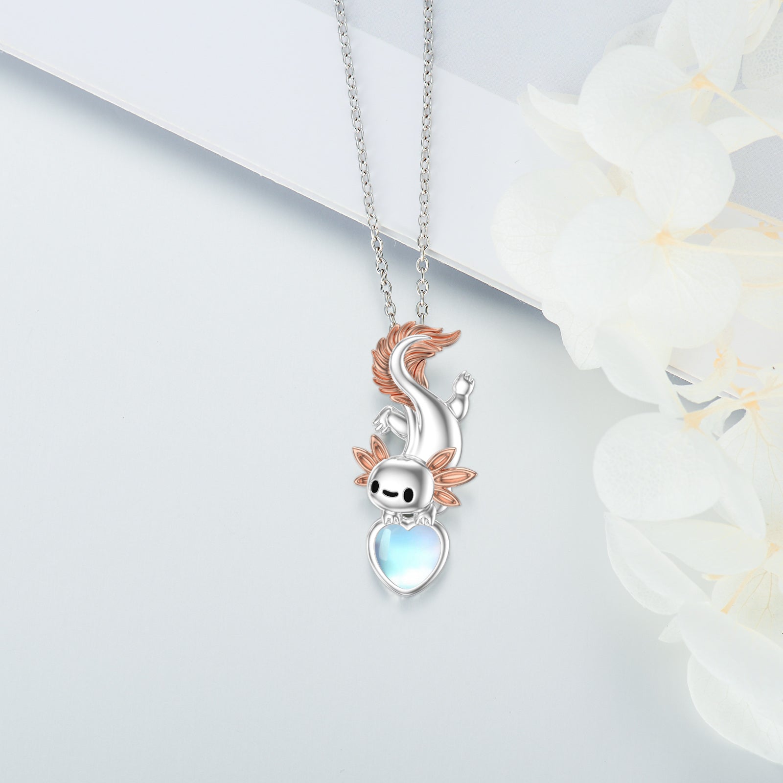 Sterling Silver Two-Tone Heart Moonstone Axolotl & Heart Pendant Necklace For Women Best Friends
