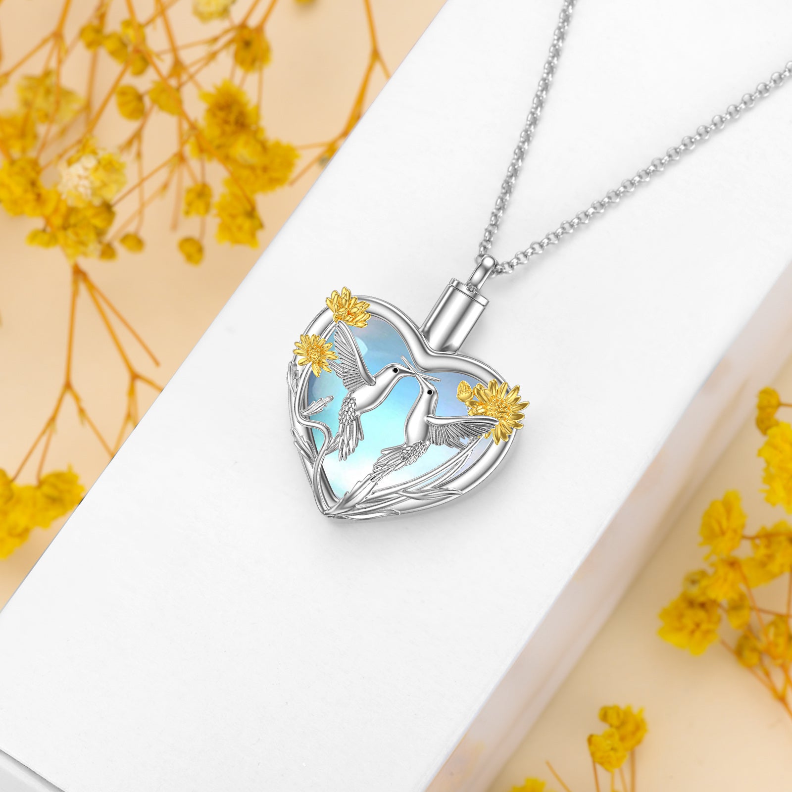 Sterling Silver Two-Tone Heart Moonstone Hummingbird & Sunflower Urn Necklace For Ashes