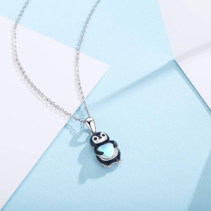 Sterling Silver Two-tone Heart Shaped Moonstone Penguin Pendant Necklace