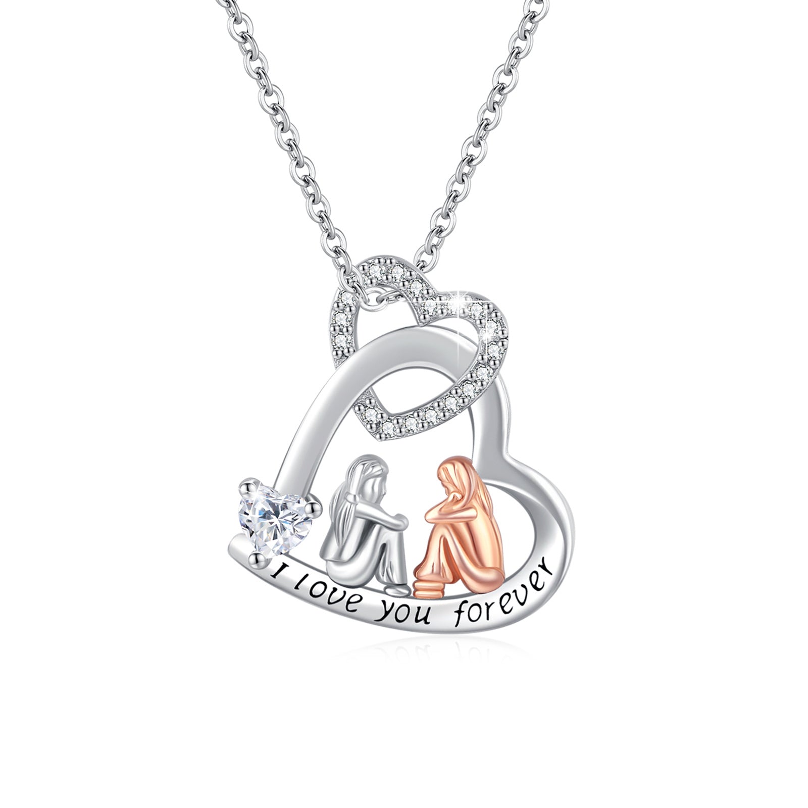 Sterling Silver Two-Tone Heart Cubic Zirconia Pendant Necklace With Engraved Word