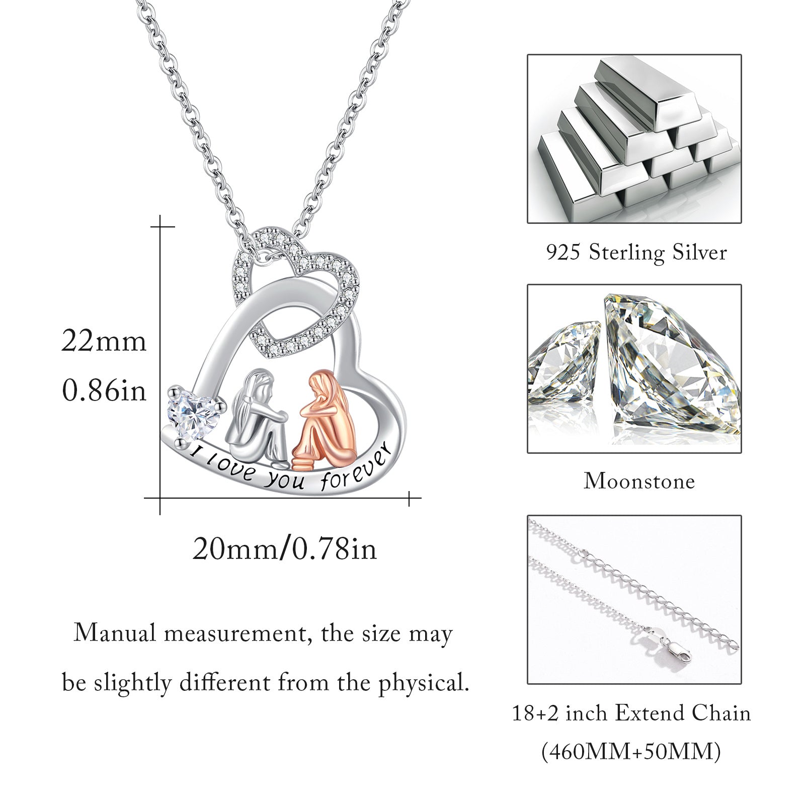 Sterling Silver Two-Tone Heart Cubic Zirconia Pendant Necklace With Engraved Word