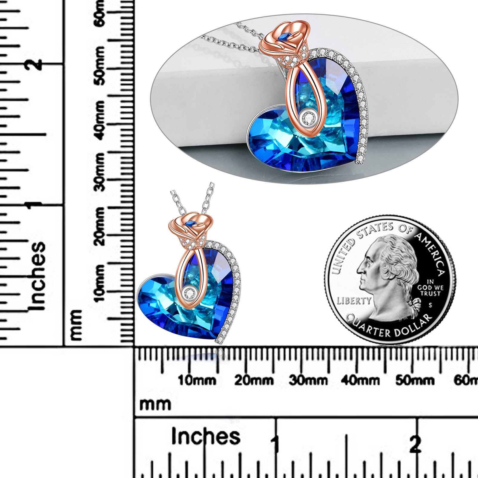 Sterling Silver Two-Tone Heart Crystal With Zircon Rose Pendant Necklace For Women