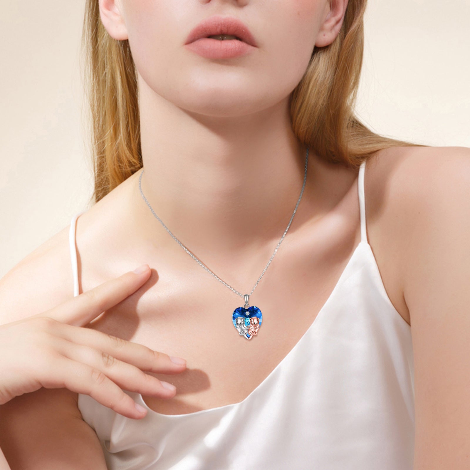 Sterling Silver Two-Tone Heart Crystal Sea Otter Pendant Necklace For Women