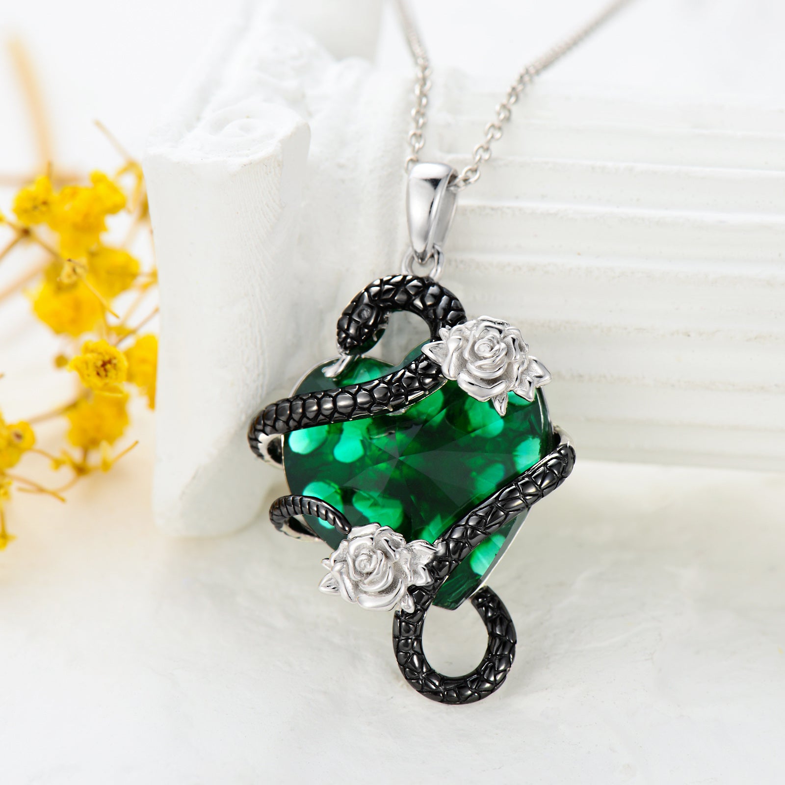 Sterling Silver Two-Tone Heart Crystal Snake Rose Pendant Necklace For Women