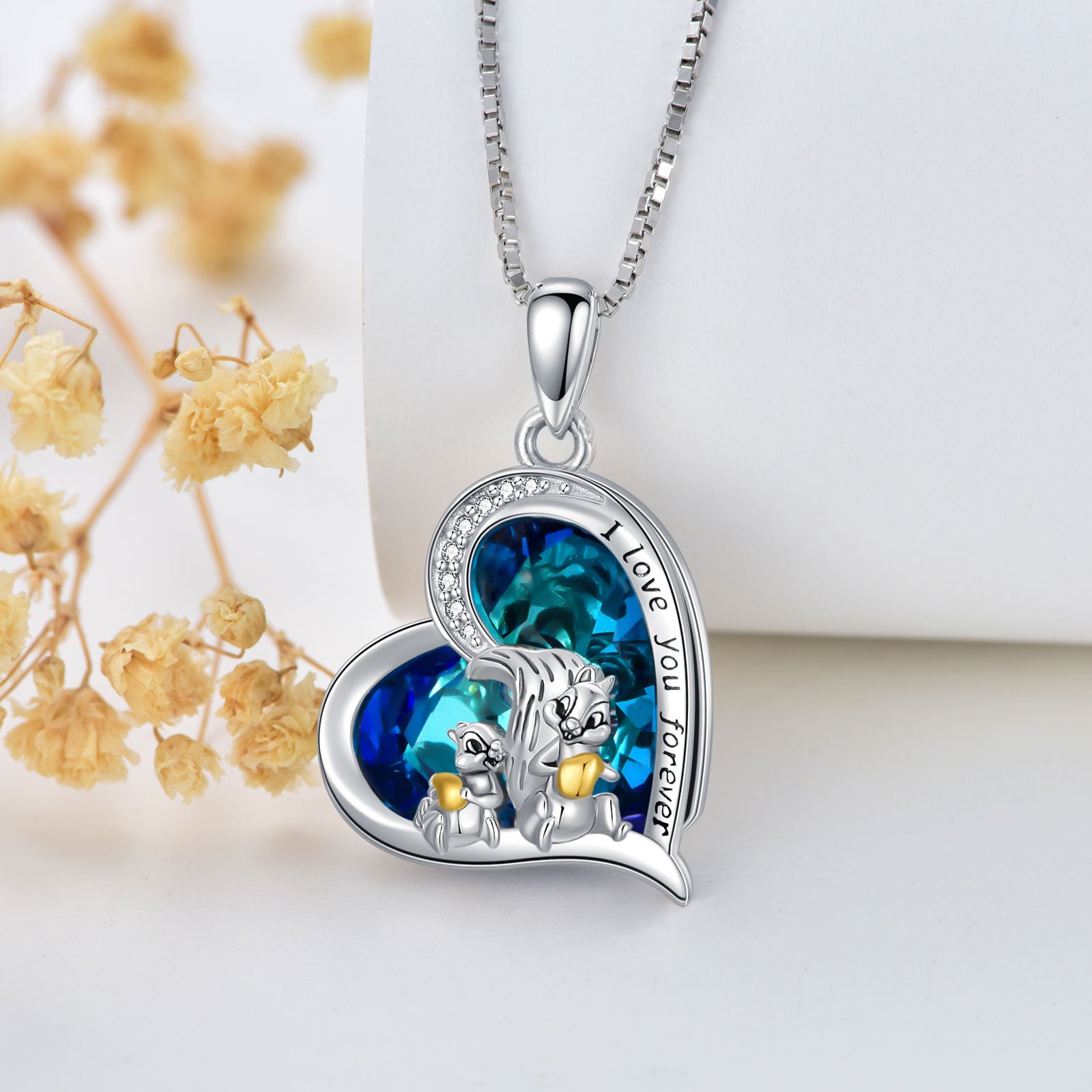 Sterling Silver Two-Tone Heart Crystal With Squirrel Pendant Necklace With Engraved Word For Women