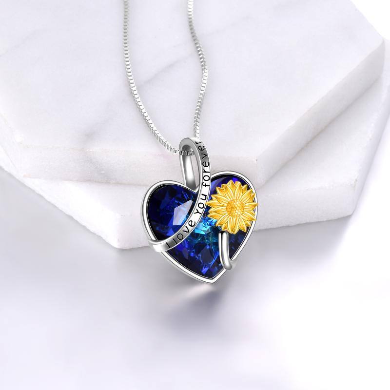 Sterling Silver Two-Tone Heart Crystal Sunflower Pendant Necklace With Engraved Word For Women Best Friends