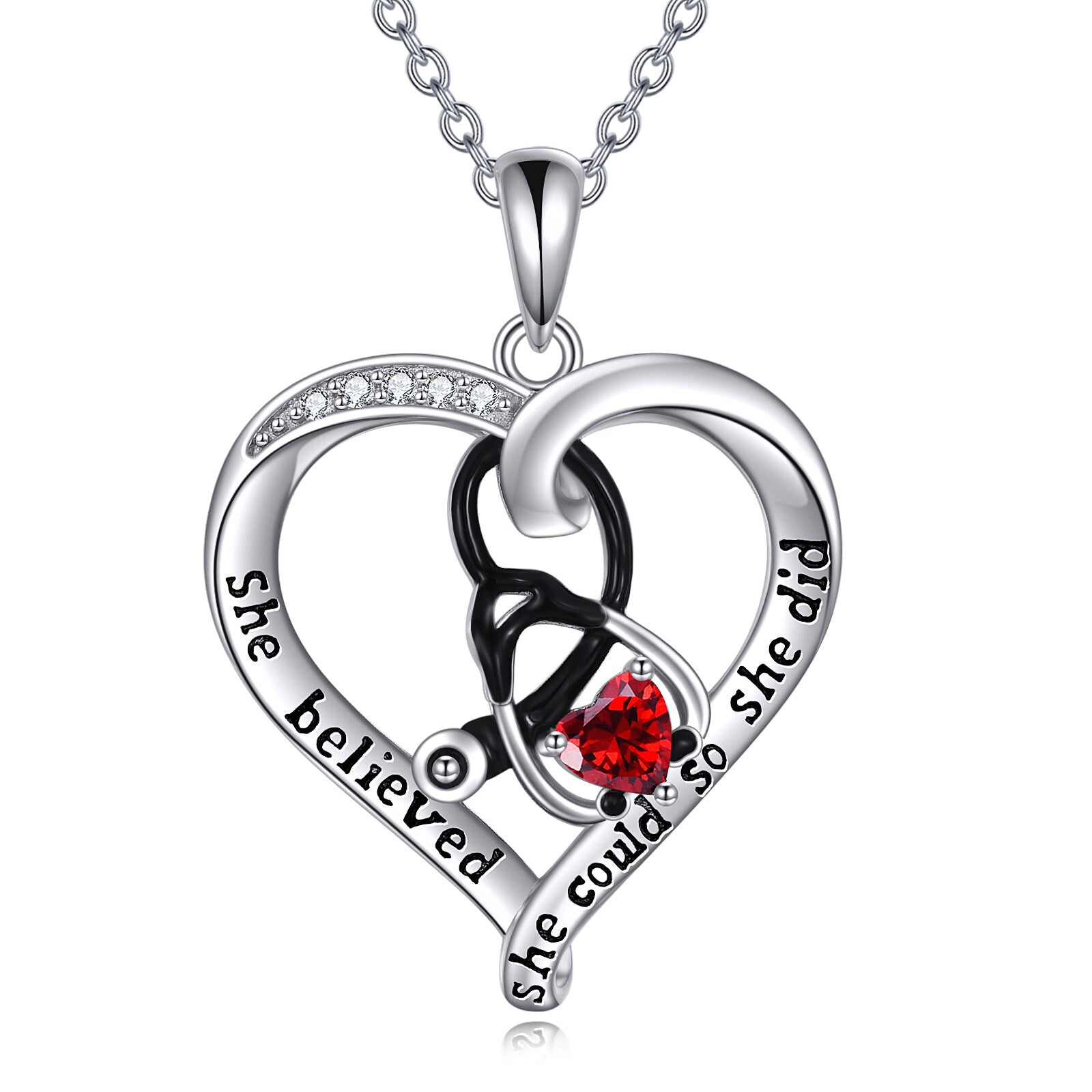 Sterling Silver Two-tone Cubic Zirconia Heart & Stethoscope Pendant Necklace with Engraved Word