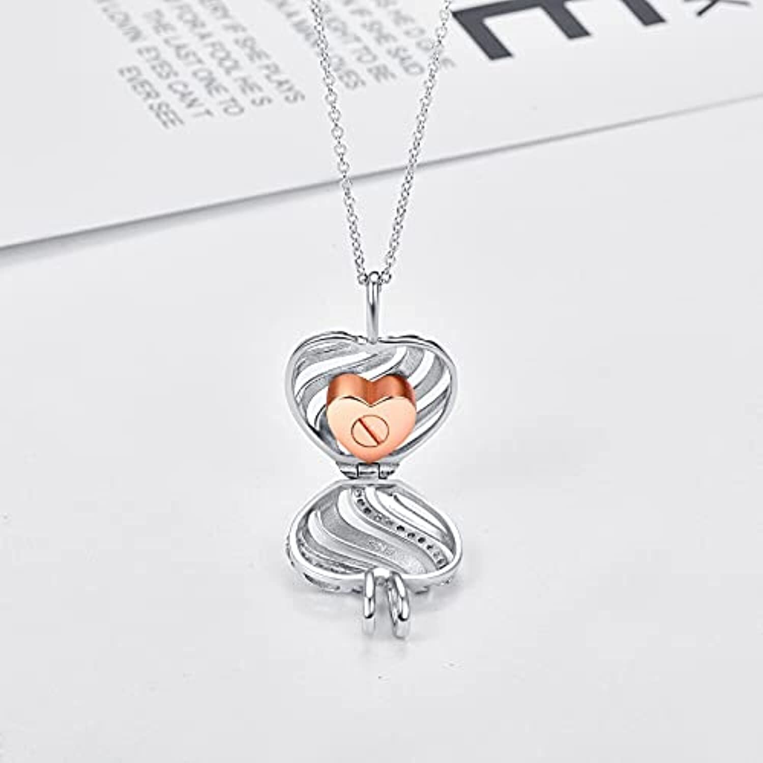 Sterling Silver Two-tone Cubic Zirconia Heart Urn Necklace for Ashes with Engraved Word