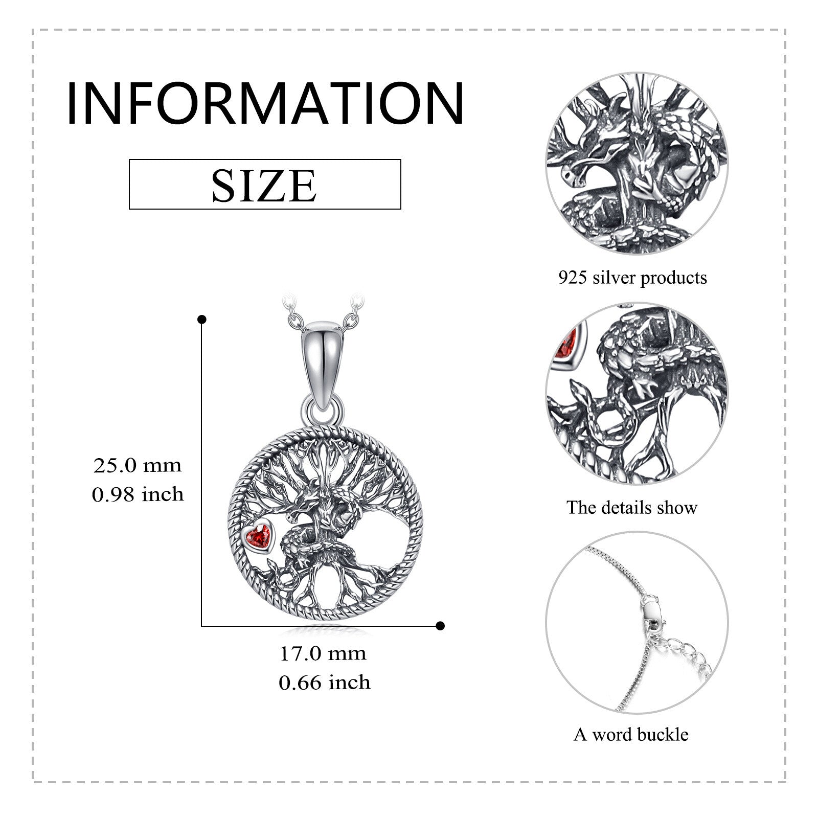 Sterling Silver Two-tone Heart Zircon Dragon & Tree Of Life Pendant Necklace