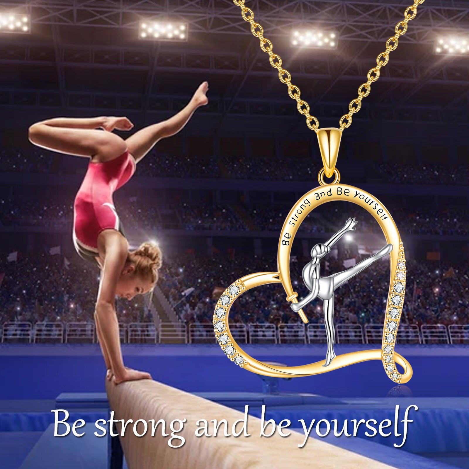 Sterling Silver Two-tone Heart Zircon Gymnast & Gymnastics Pendant Necklace with Engraved Word