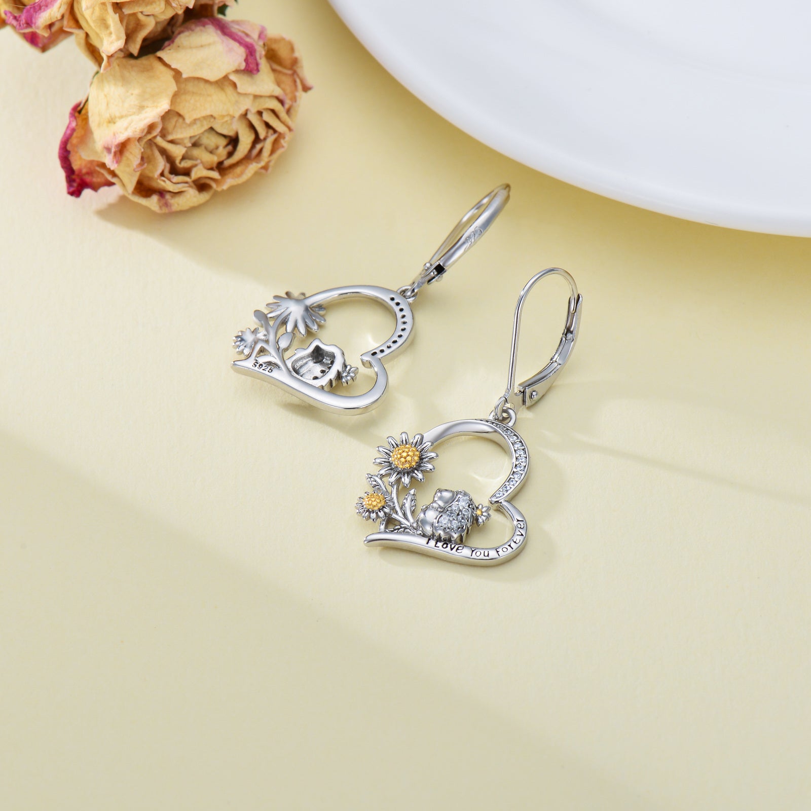 Sterling Silver Two-tone Cubic Zirconia Hedgehog & Daisy Drop Earrings