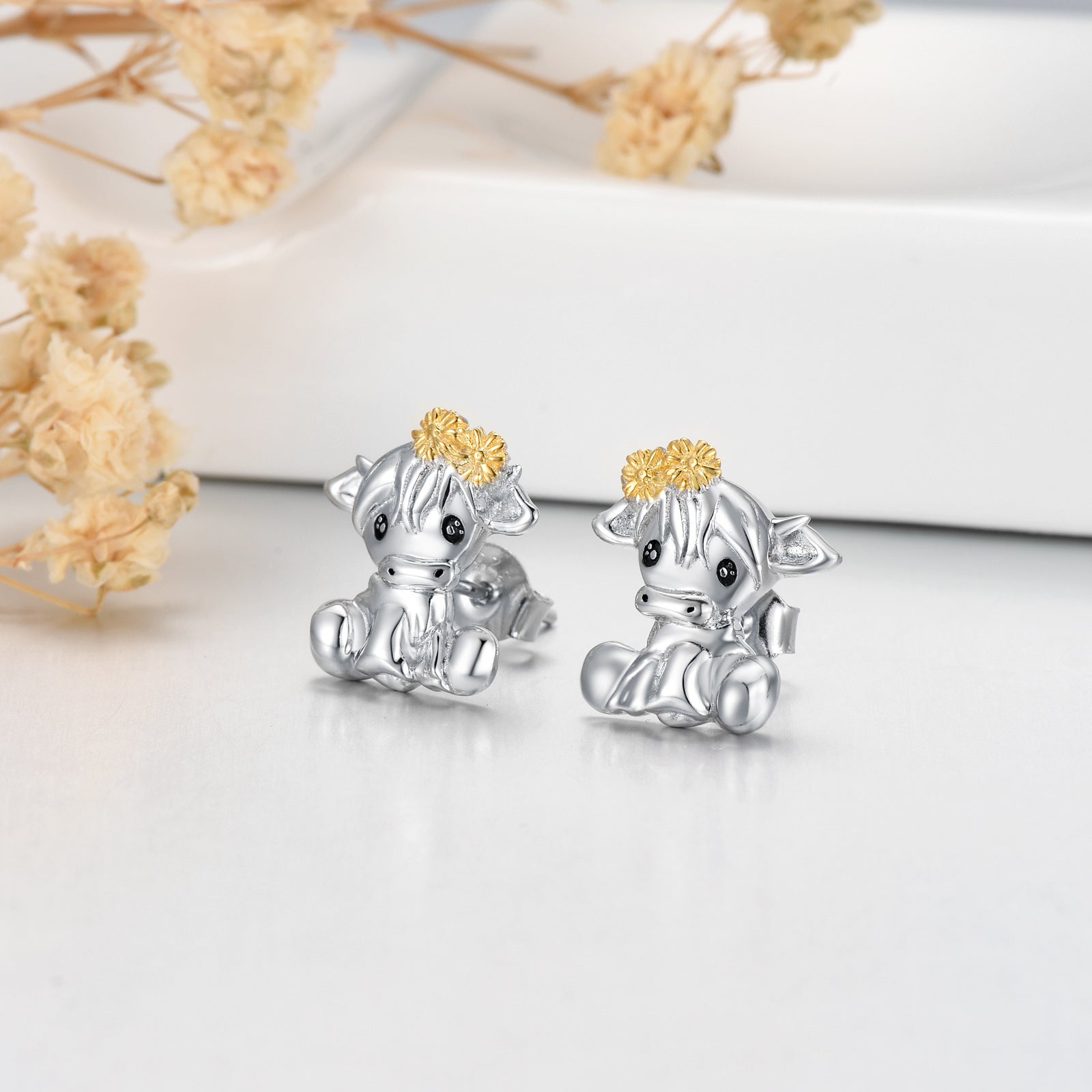 Sterling Silver Two-tone Highland Cow with Flower Stud Earrings