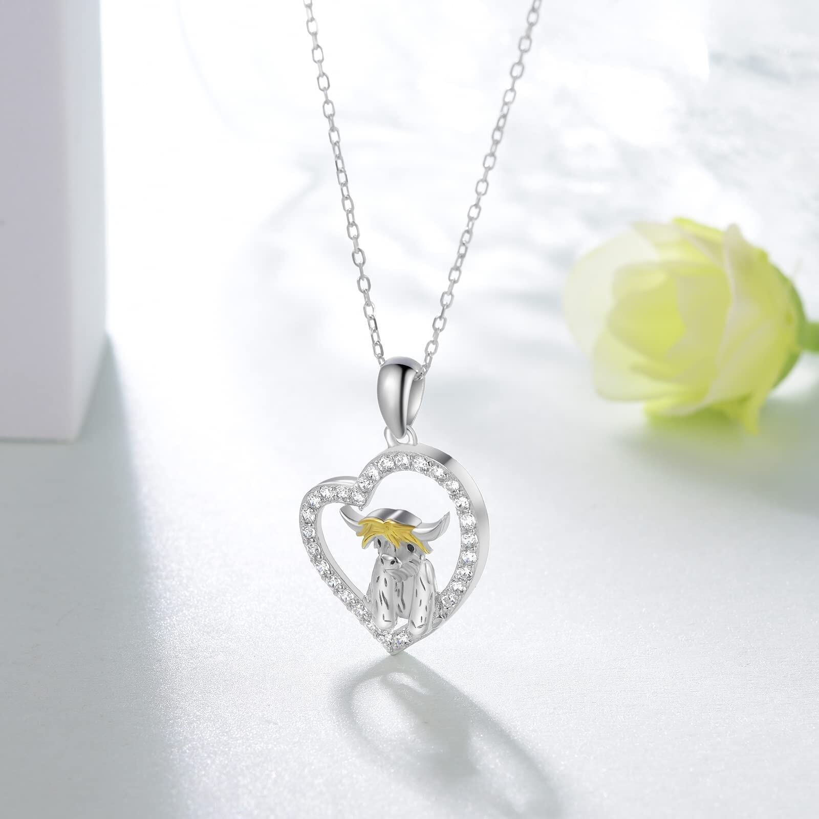 Sterling Silver Two-tone Cubic Zirconia Highland Cow & Heart Pendant Necklace