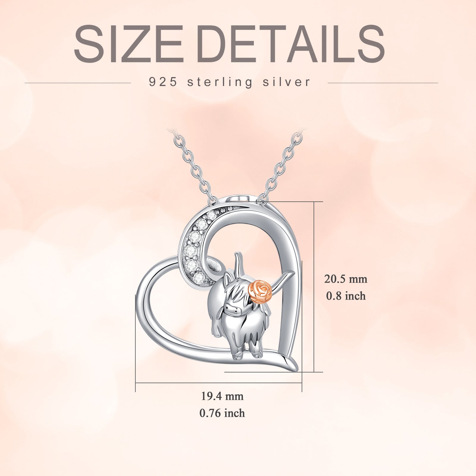 Sterling Silver Two-tone Highland Cow & Heart Pendant Necklace