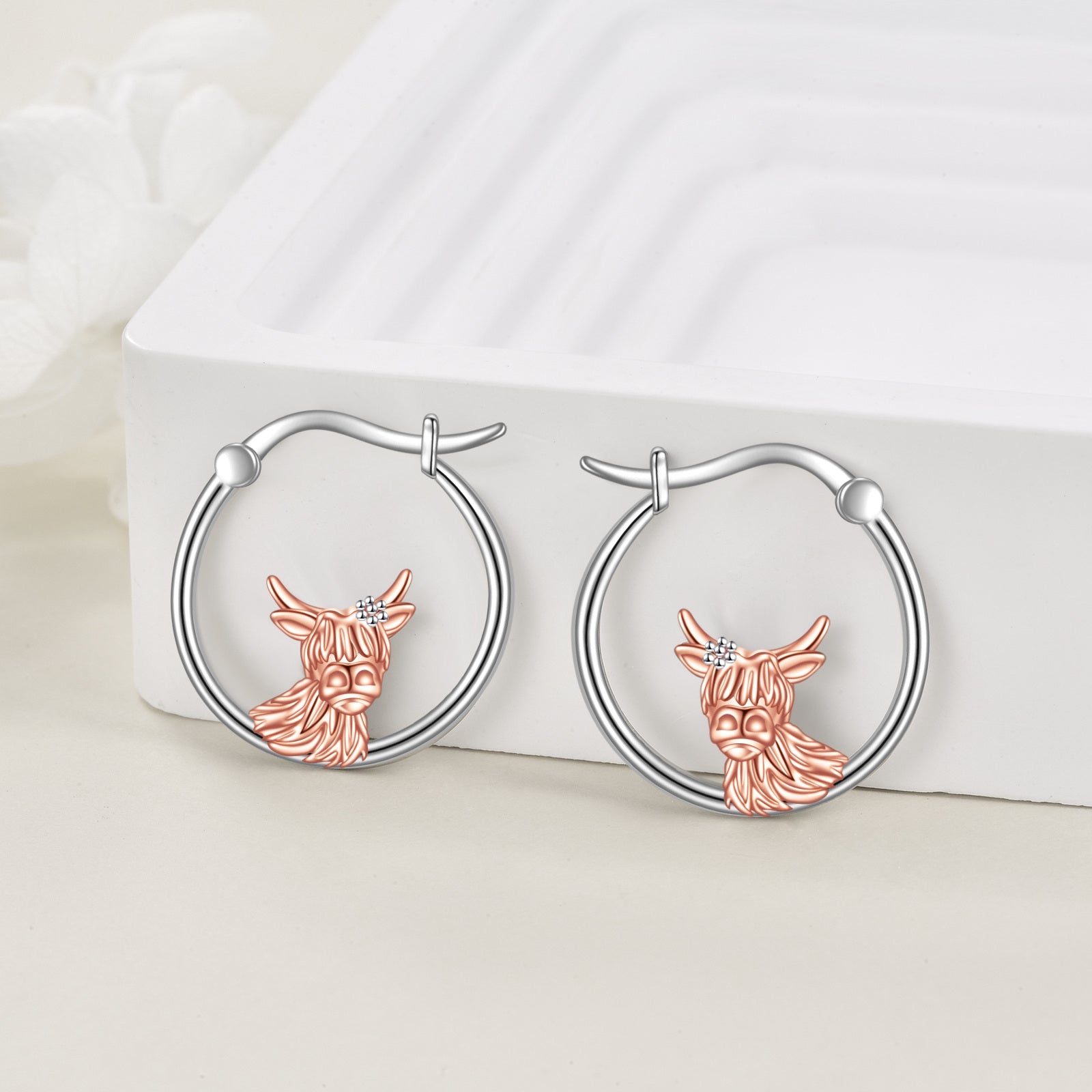 Sterling Silver Two-tone Highland Cow Hoop Earrings