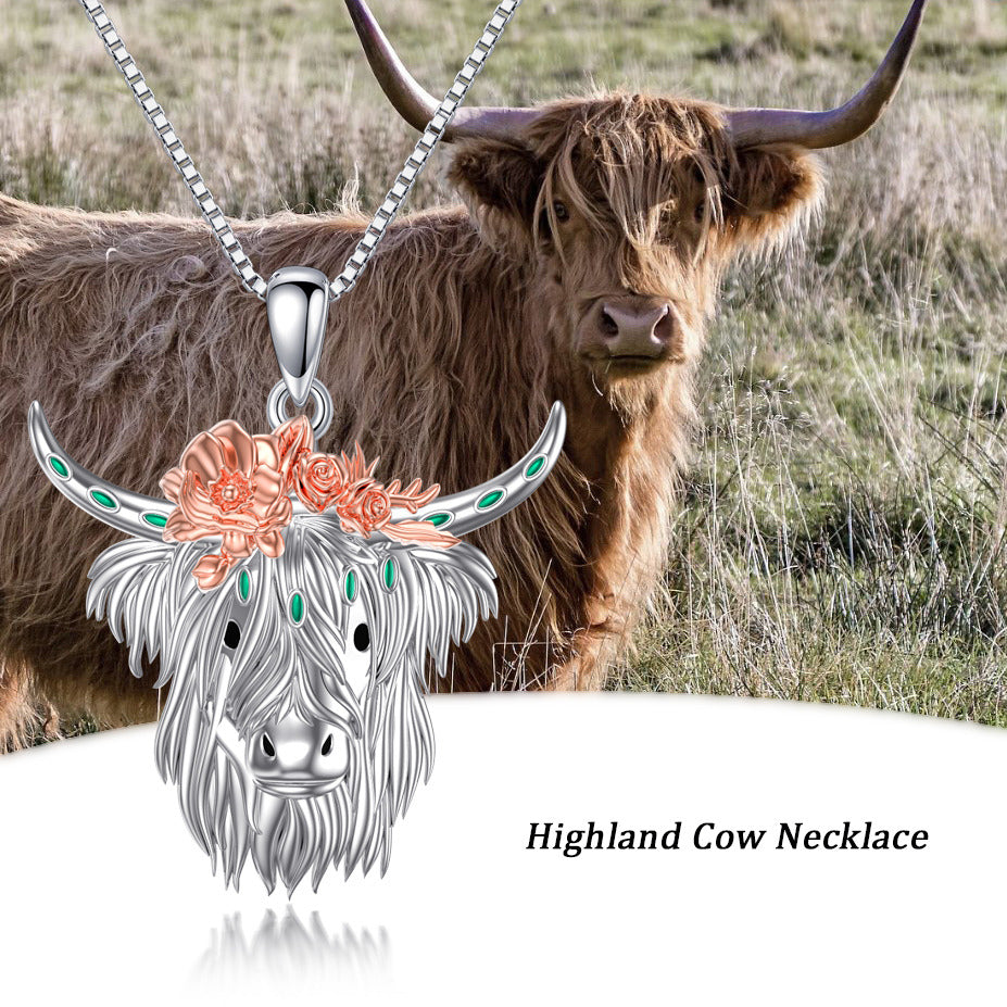 Sterling Silver Two-tone Highland Cow & Rose Pendant Necklace