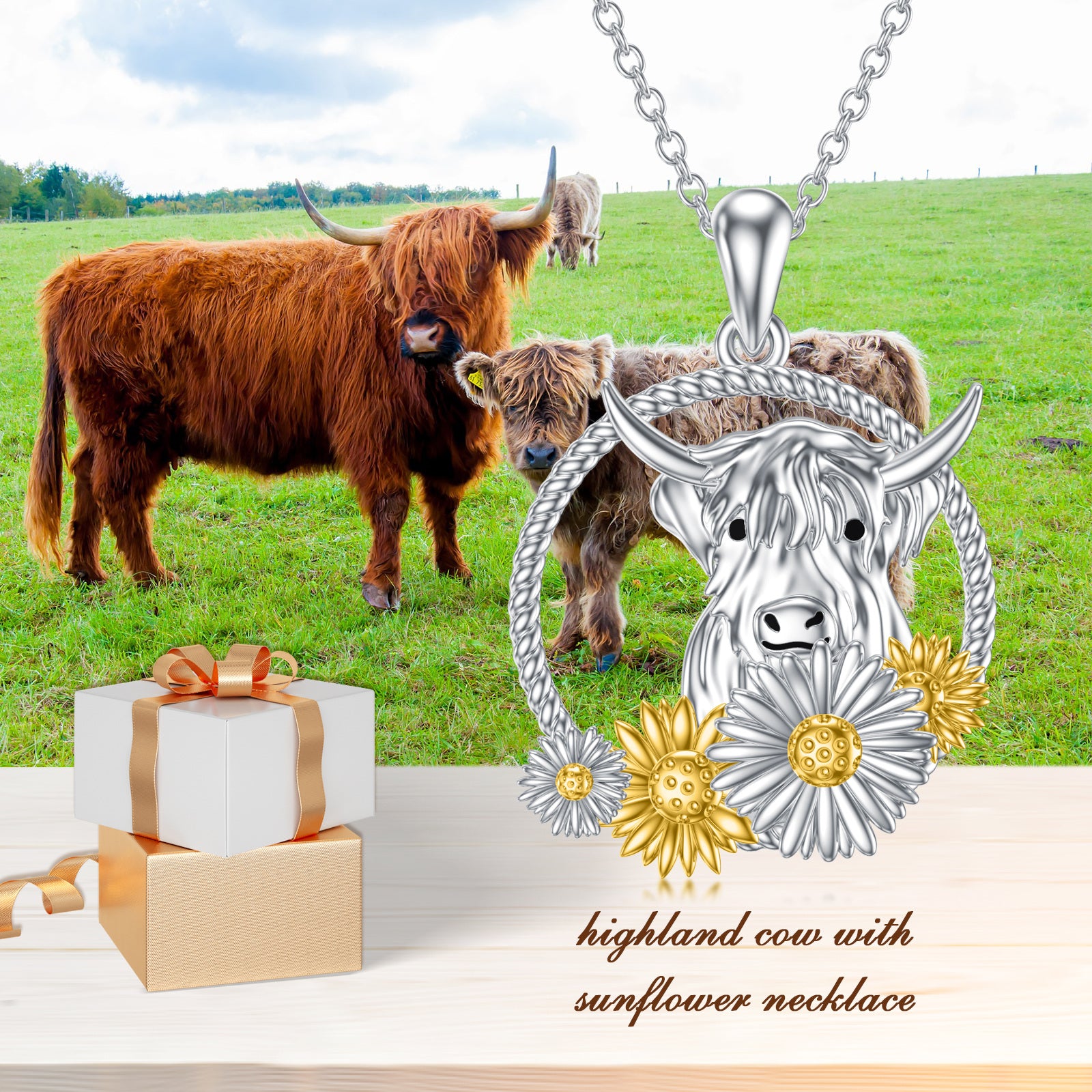 Sterling Silver Two-tone Highland Cow & Sunflower Pendant Necklace