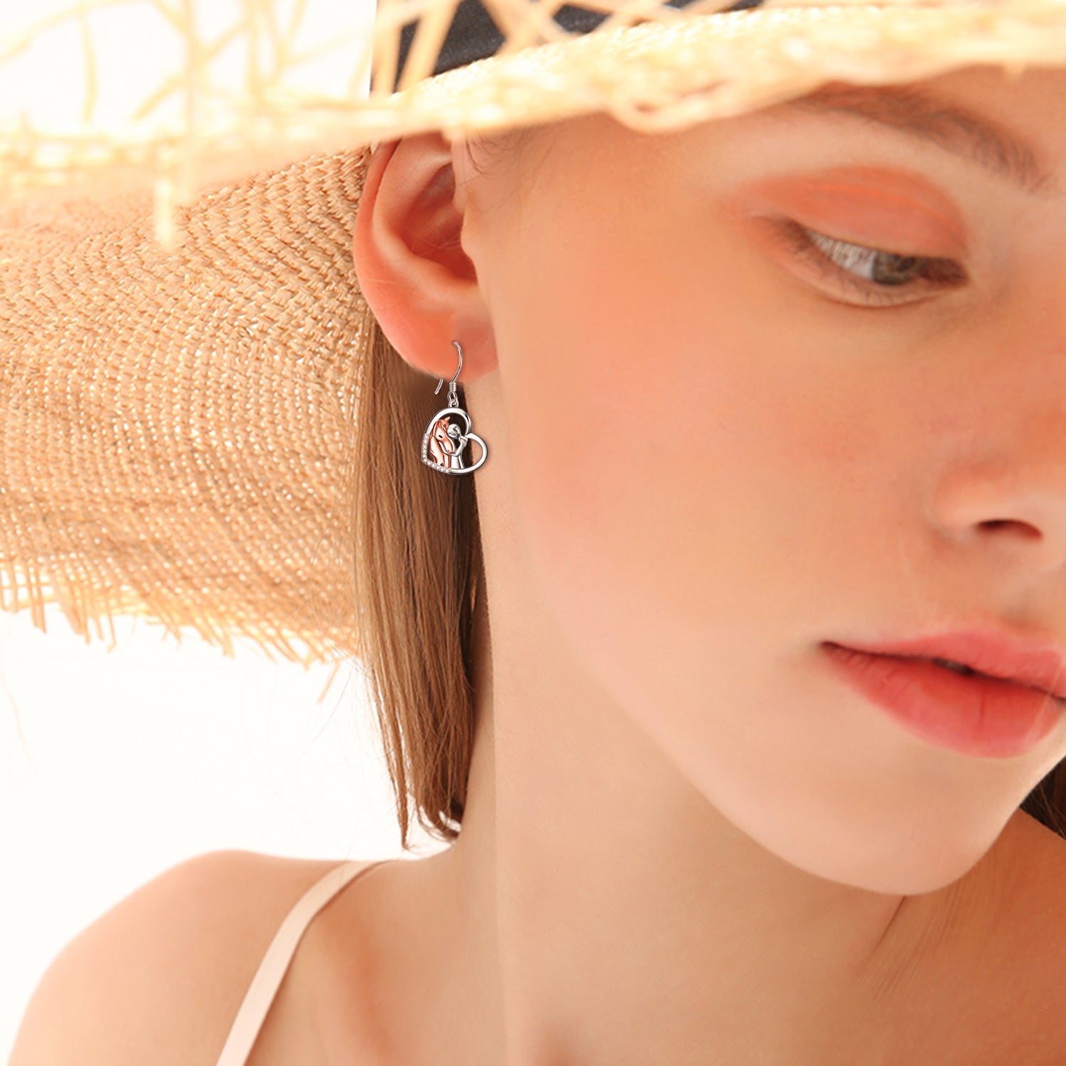 Sterling Silver Two-tone Cubic Zirconia Horse & Girl Heart Drop Earrings