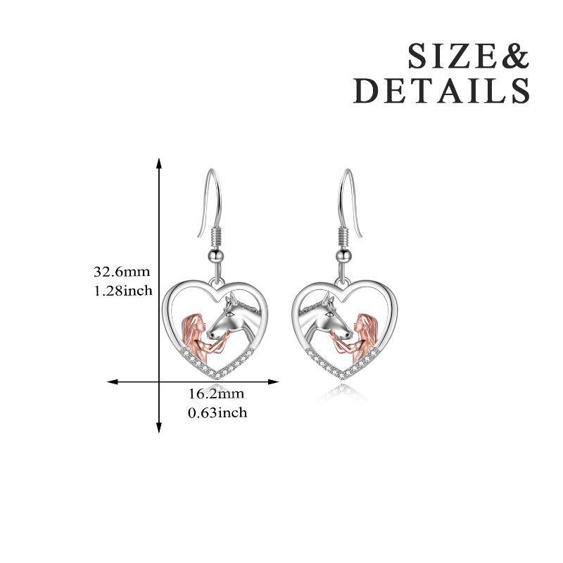 Sterling Silver Two-tone Cubic Zirconia Horse & Heart Drop Earrings
