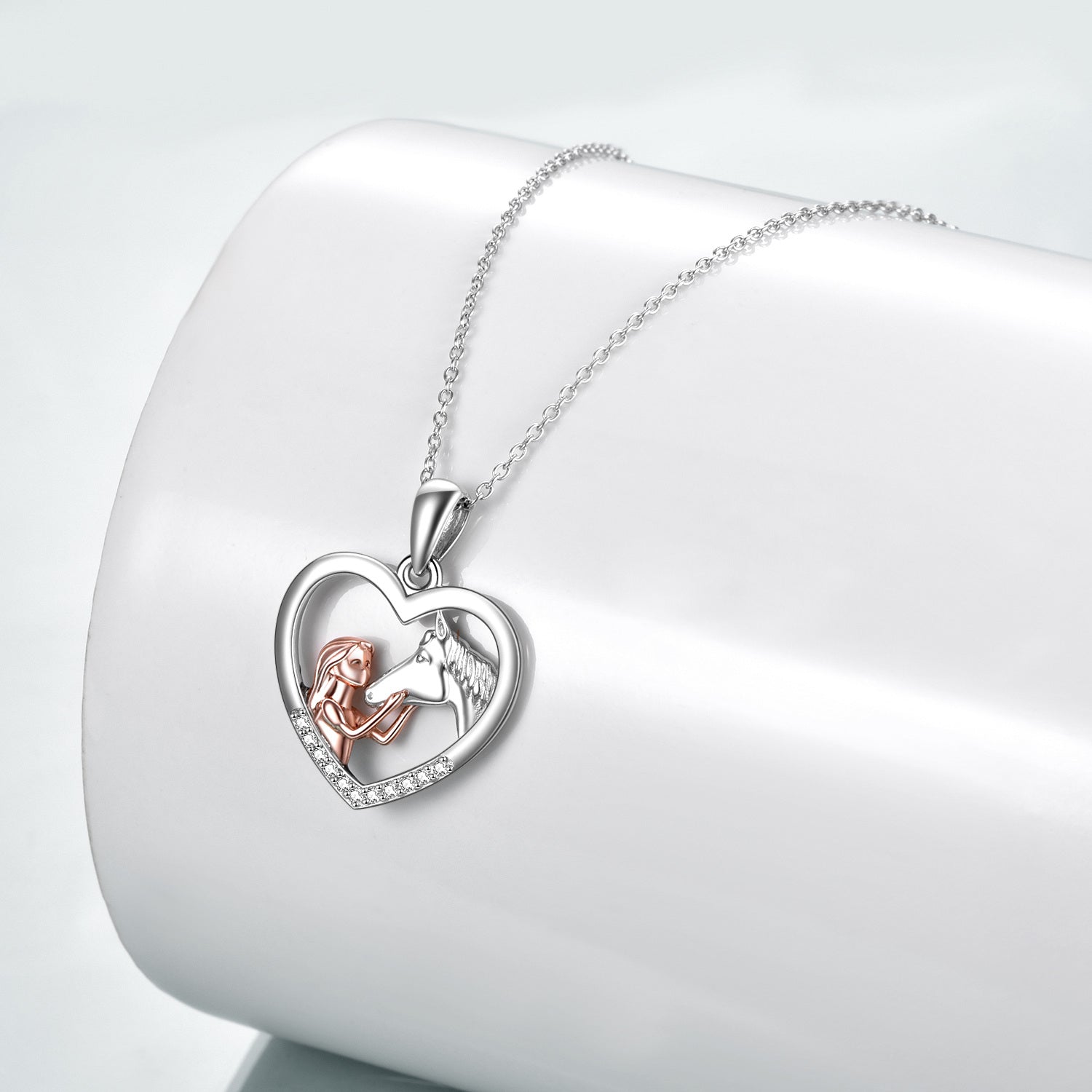 Sterling Silver Two-tone Cubic Zirconia Horse & Heart Pendant Necklace