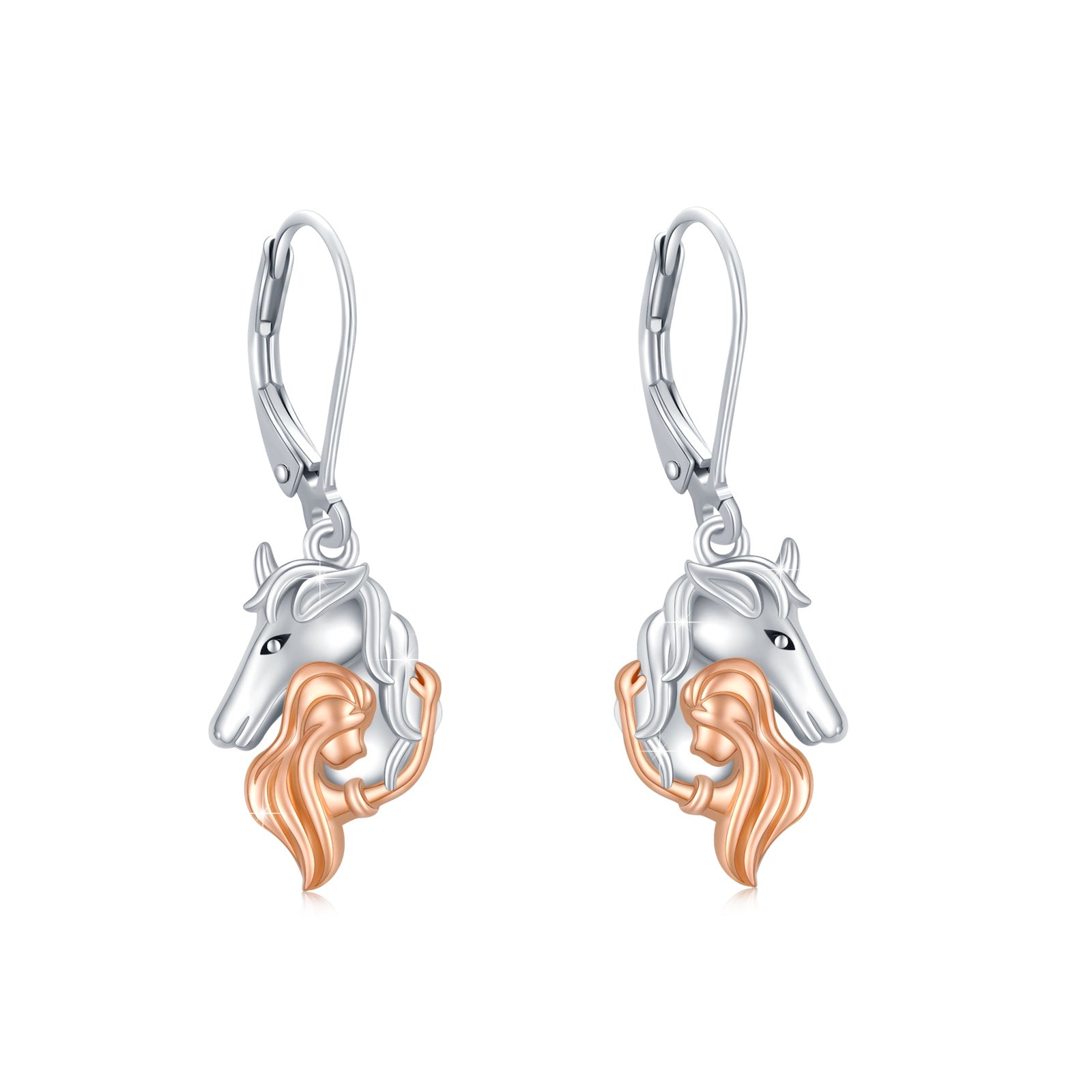 Sterling Silver Two-tone Horse Lever-back Earrings