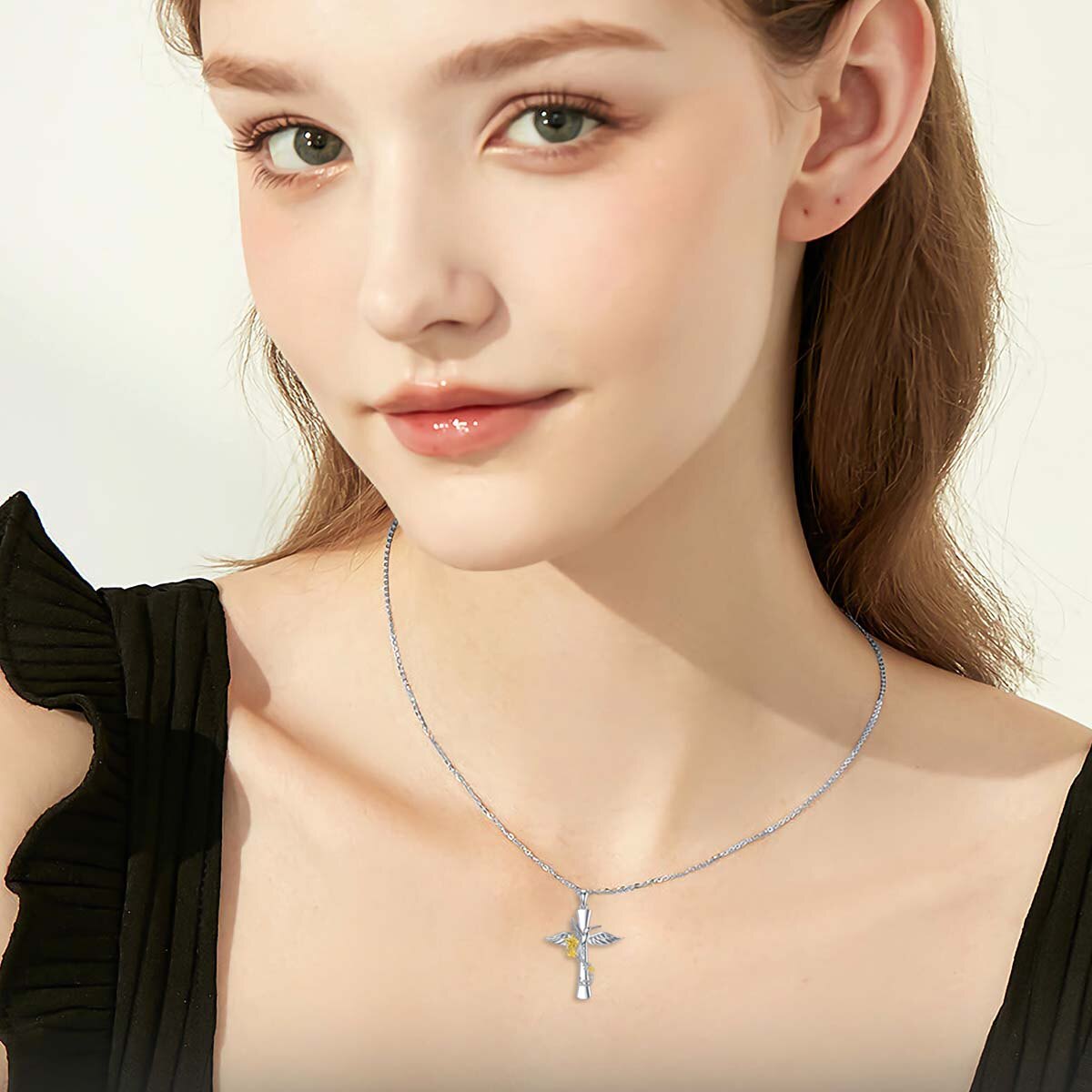 Sterling Silver Two-tone Hummingbird & Cross Pendant Necklace