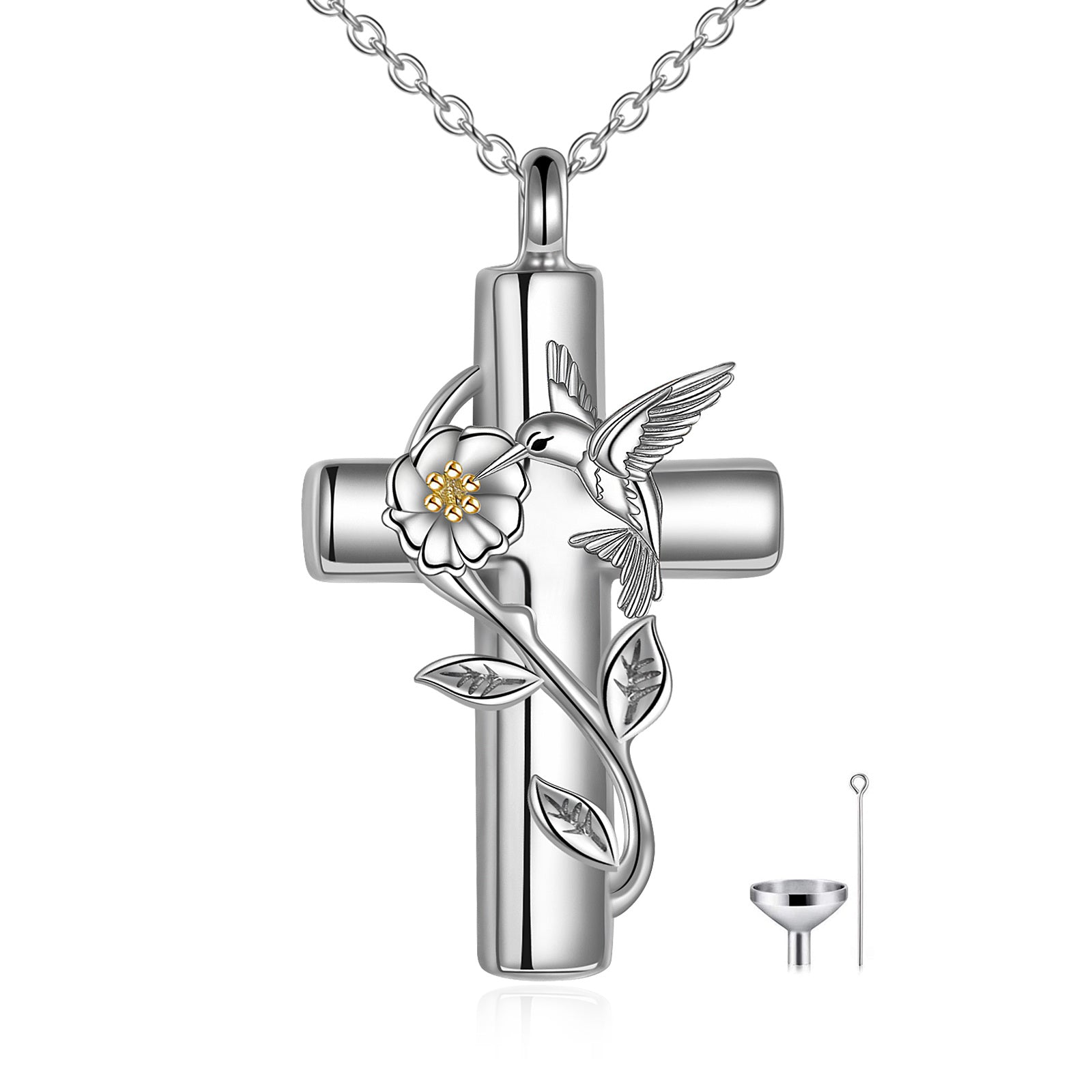 Sterling Silver Two-tone Hummingbird & Cross Urn Necklace for Ashes with Engraved Word