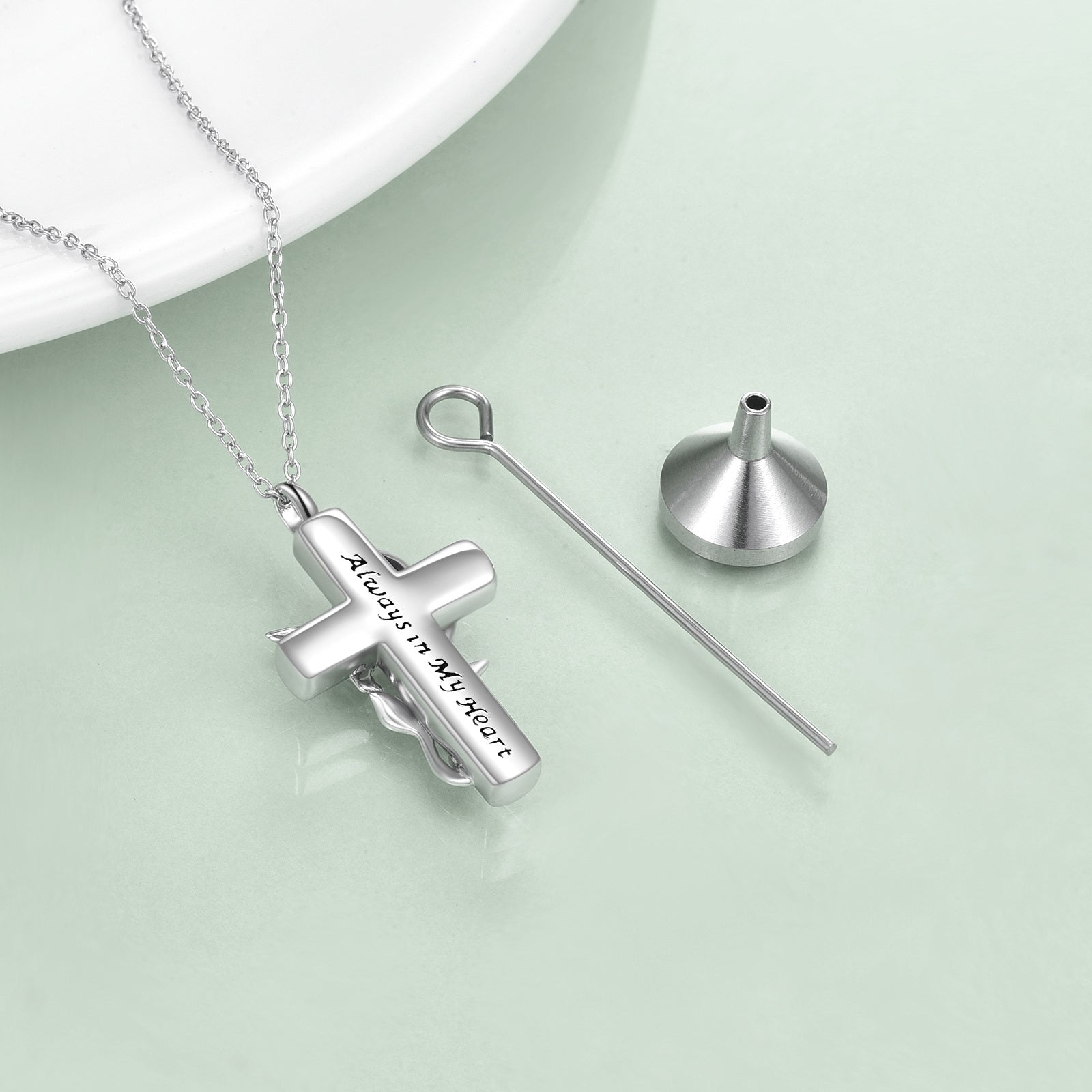 Sterling Silver Two-tone Hummingbird & Cross Urn Necklace for Ashes with Engraved Word
