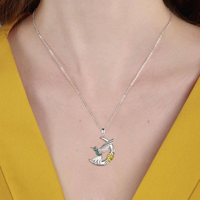 Sterling Silver Two-Tone Moon Hummingbird With Daisy Pendant Necklace For Women