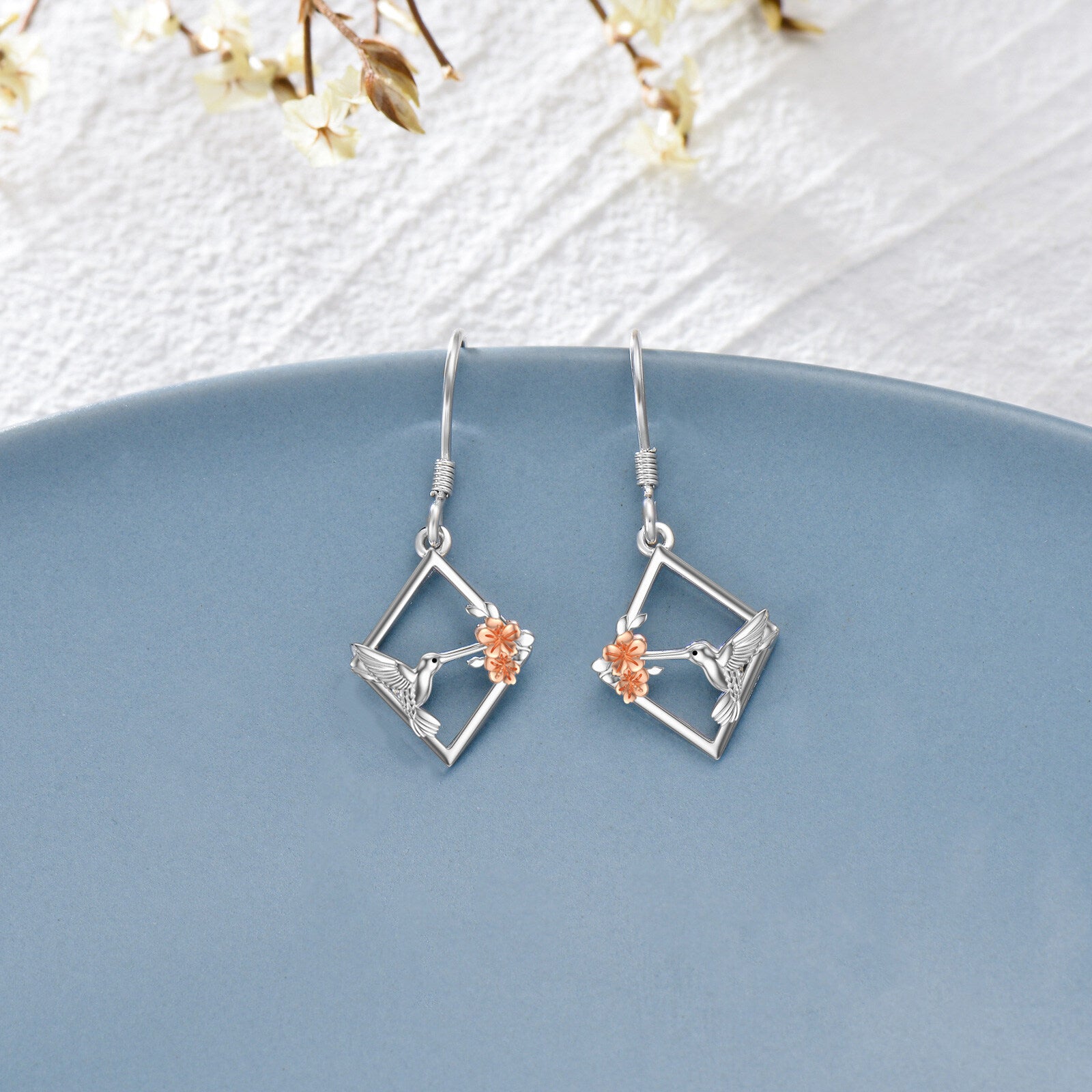 Sterling Silver Two-tone Hummingbird Drop Earrings