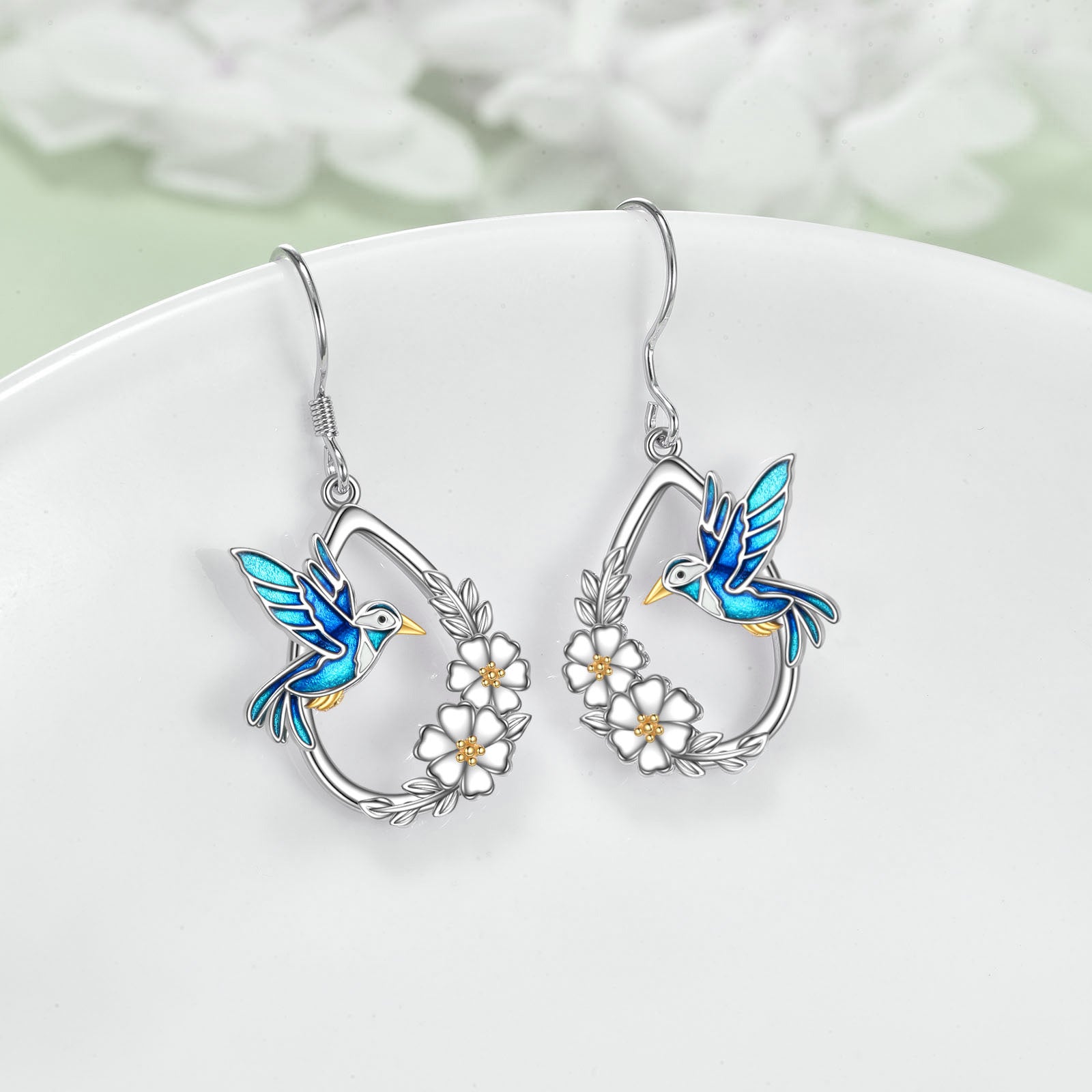 Sterling Silver Two-tone Hummingbird Drop Earrings