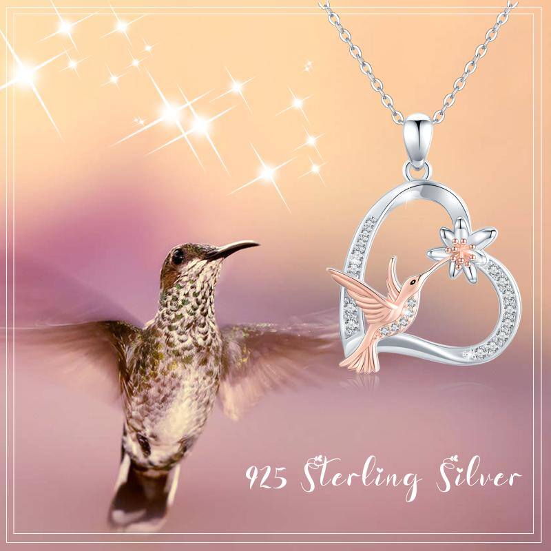 Sterling Silver Two-tone Cubic Zirconia Hummingbird & Heart Pendant Necklace