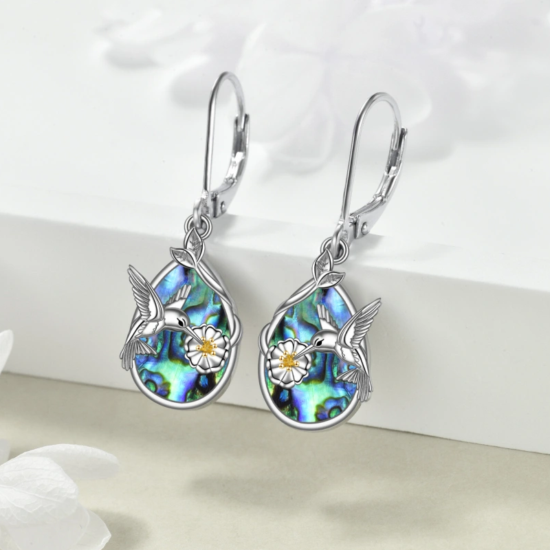 Sterling Silver Two-tone Hummingbird & Leaves Flowers Drop Lever-back Earrings for Women
