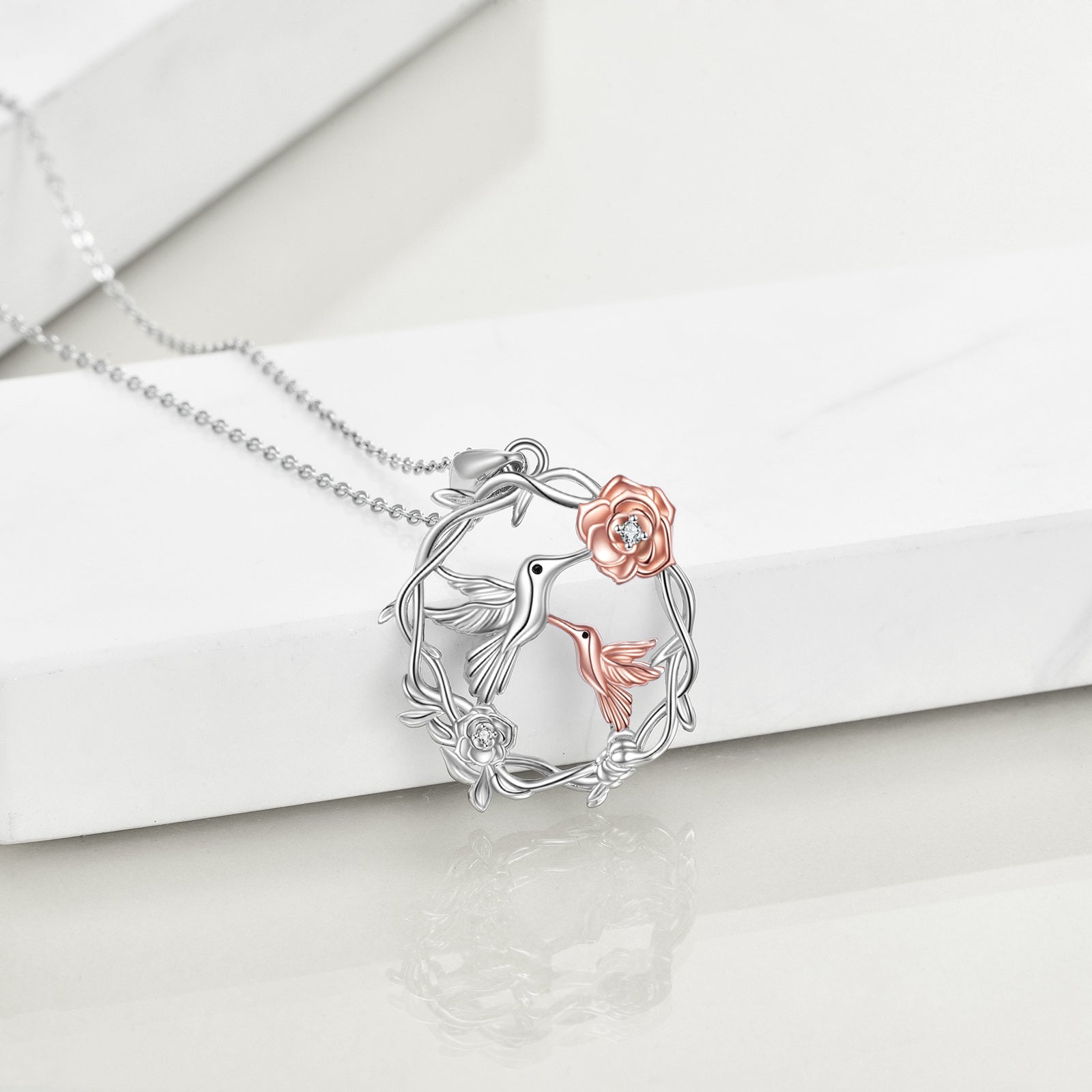 Sterling Silver Two-tone Cubic Zirconia Hummingbird & Mother Pendant Necklace