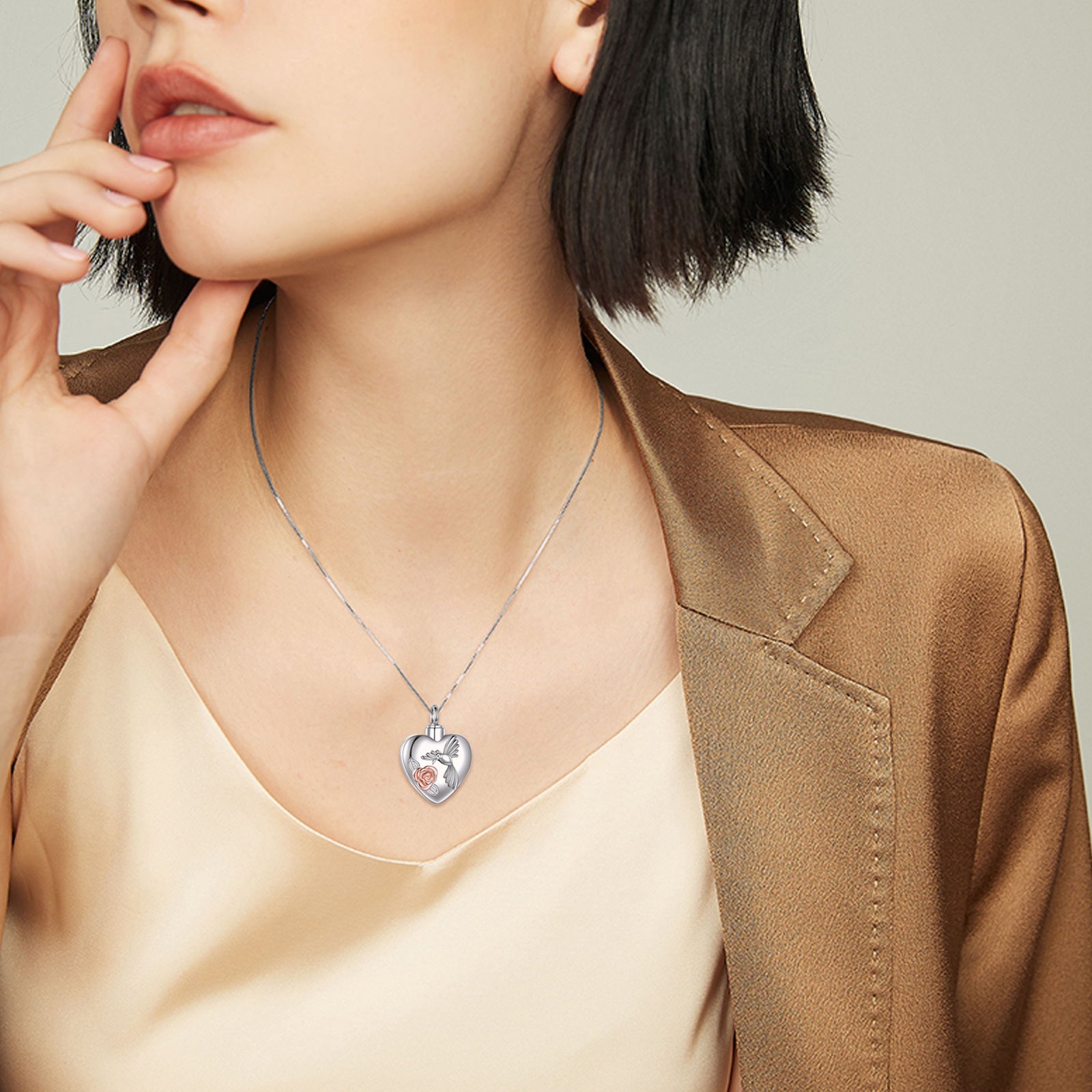 Sterling Silver Two-Tone Hummingbird & Heart With Rose Urn Necklace For Ashes
