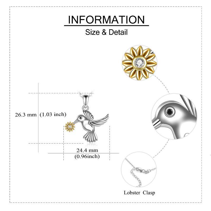 Sterling Silver Two-tone Cubic Zirconia Hummingbird & Sunflower Pendant Necklace