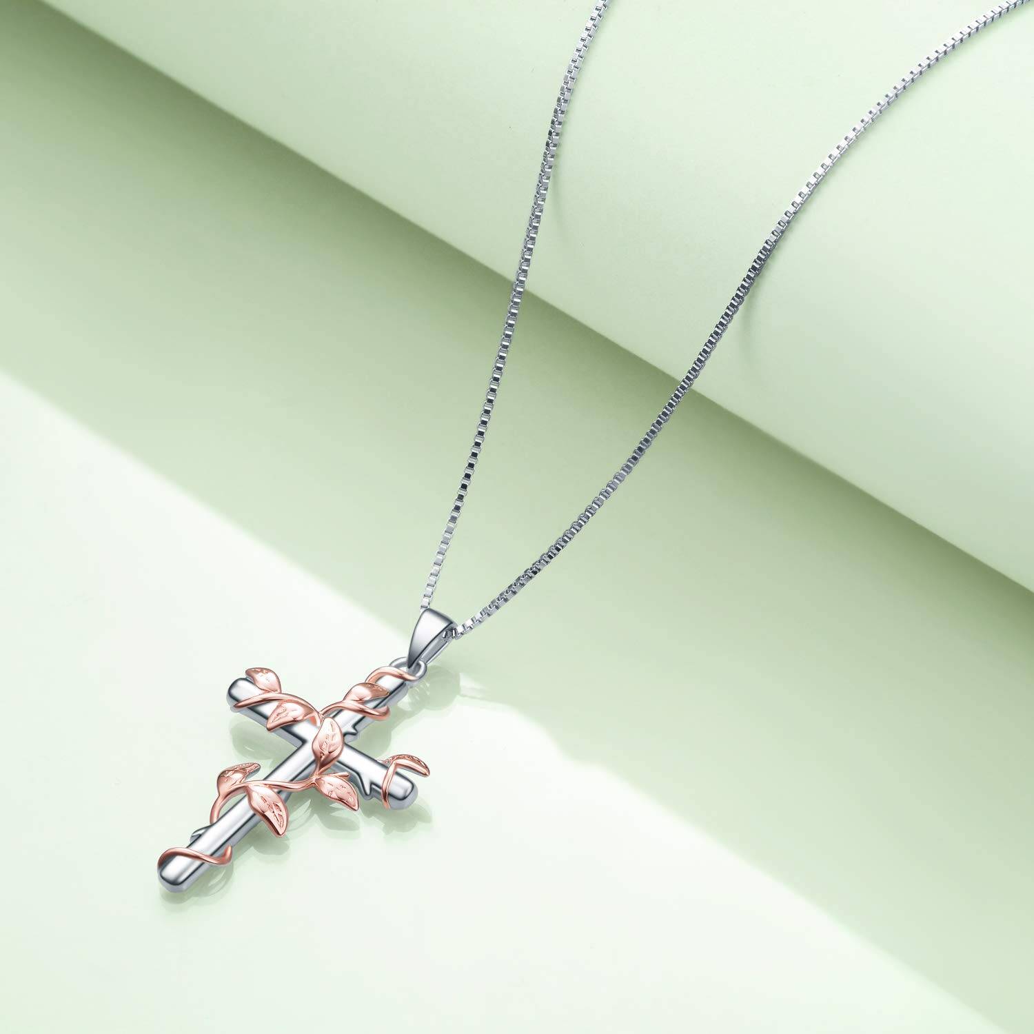 Sterling Silver Two-tone Ivy & Cross Pendant Necklace