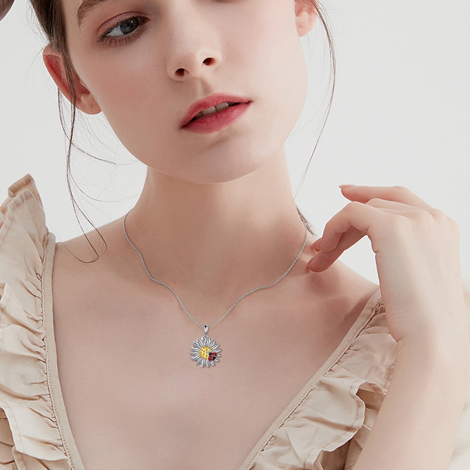 Sterling Silver Two-tone Ladybug & Daisy Urn Necklace for Ashes with Engraved Word