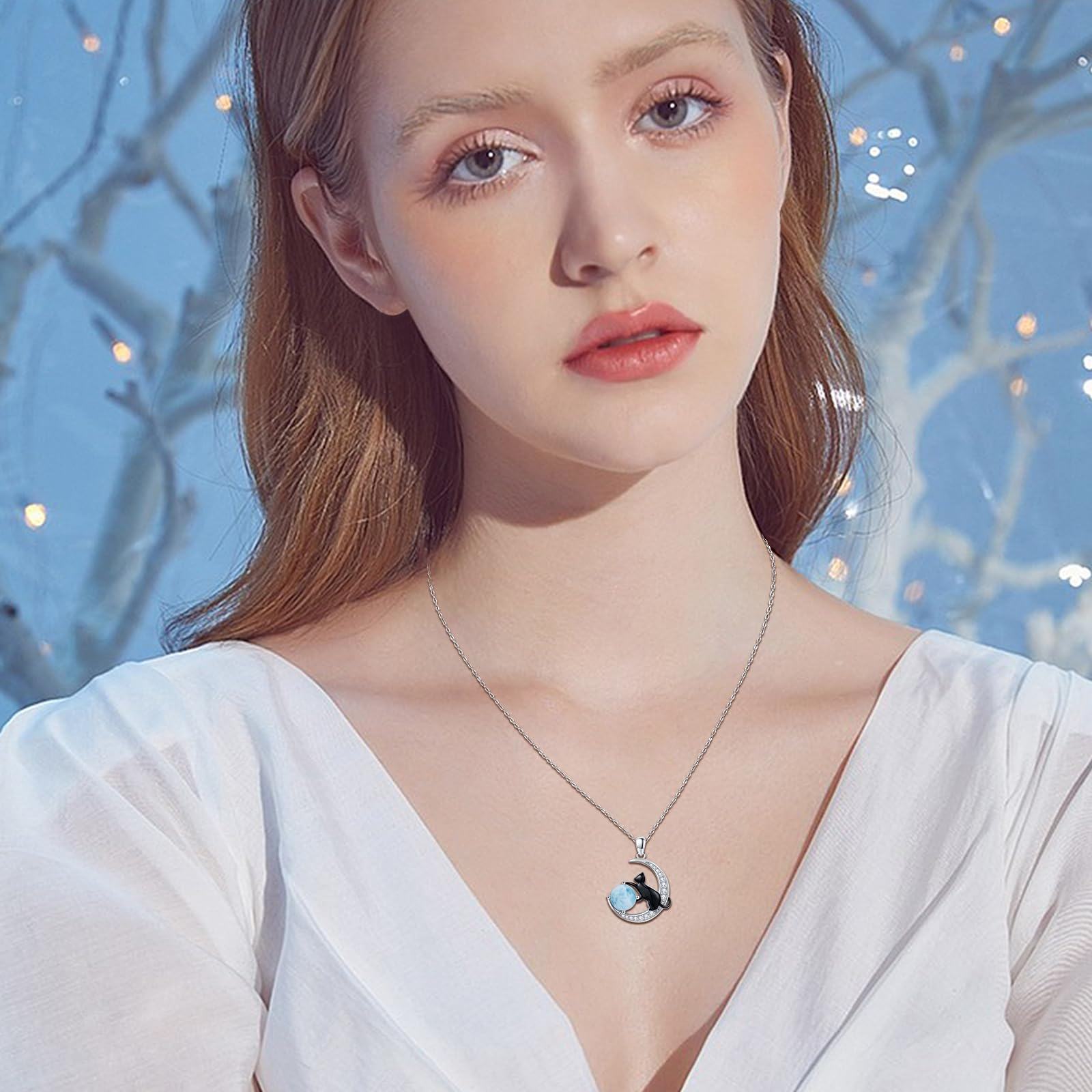 Sterling Silver Two-tone Lalimar Stone Black Cat and Moon Pendant Necklace