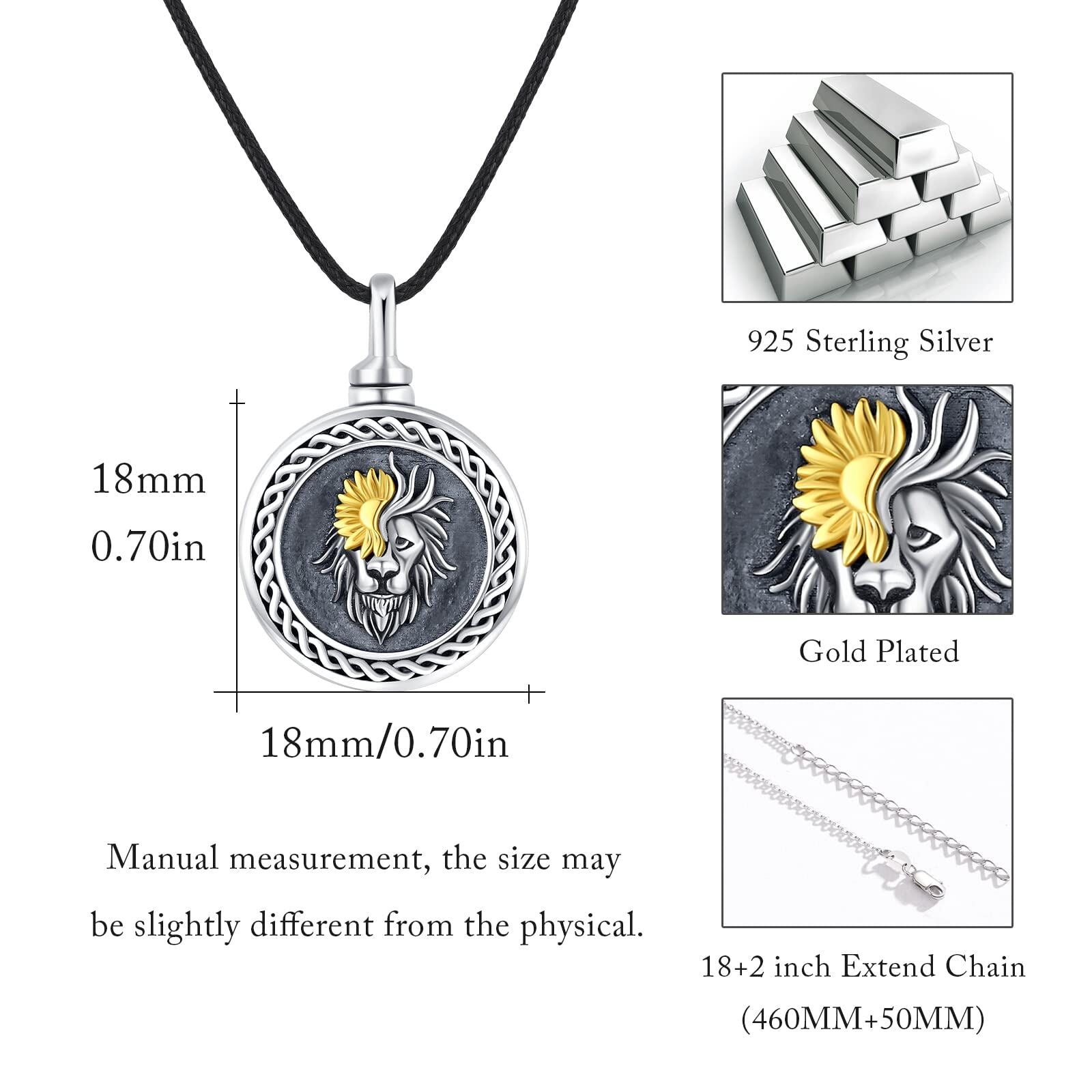 Sterling Silver Two-tone Lion & Round Urn Necklace for Ashes