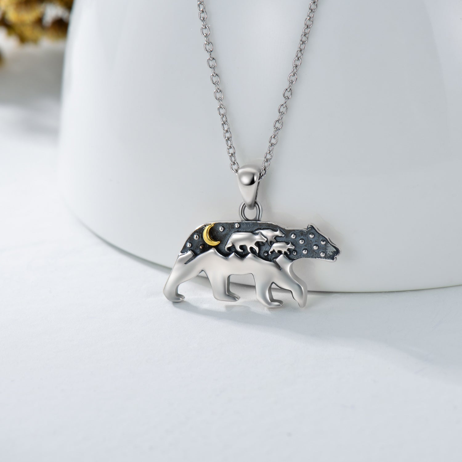 Sterling Silver Two-tone Mama Bear & Moon Pendant Necklace