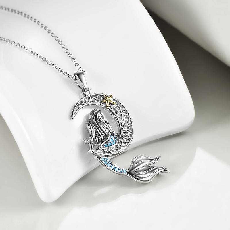 Sterling Silver Two-tone Cubic Zirconia Mermaid & Moon Pendant Necklace