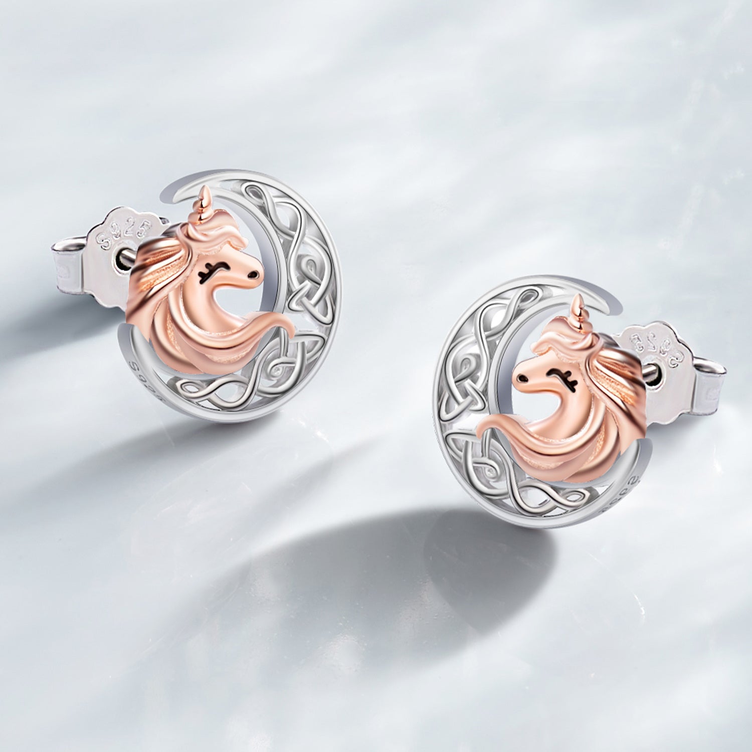 Sterling Silver Two-tone Moon & Unicorn Stud Earrings