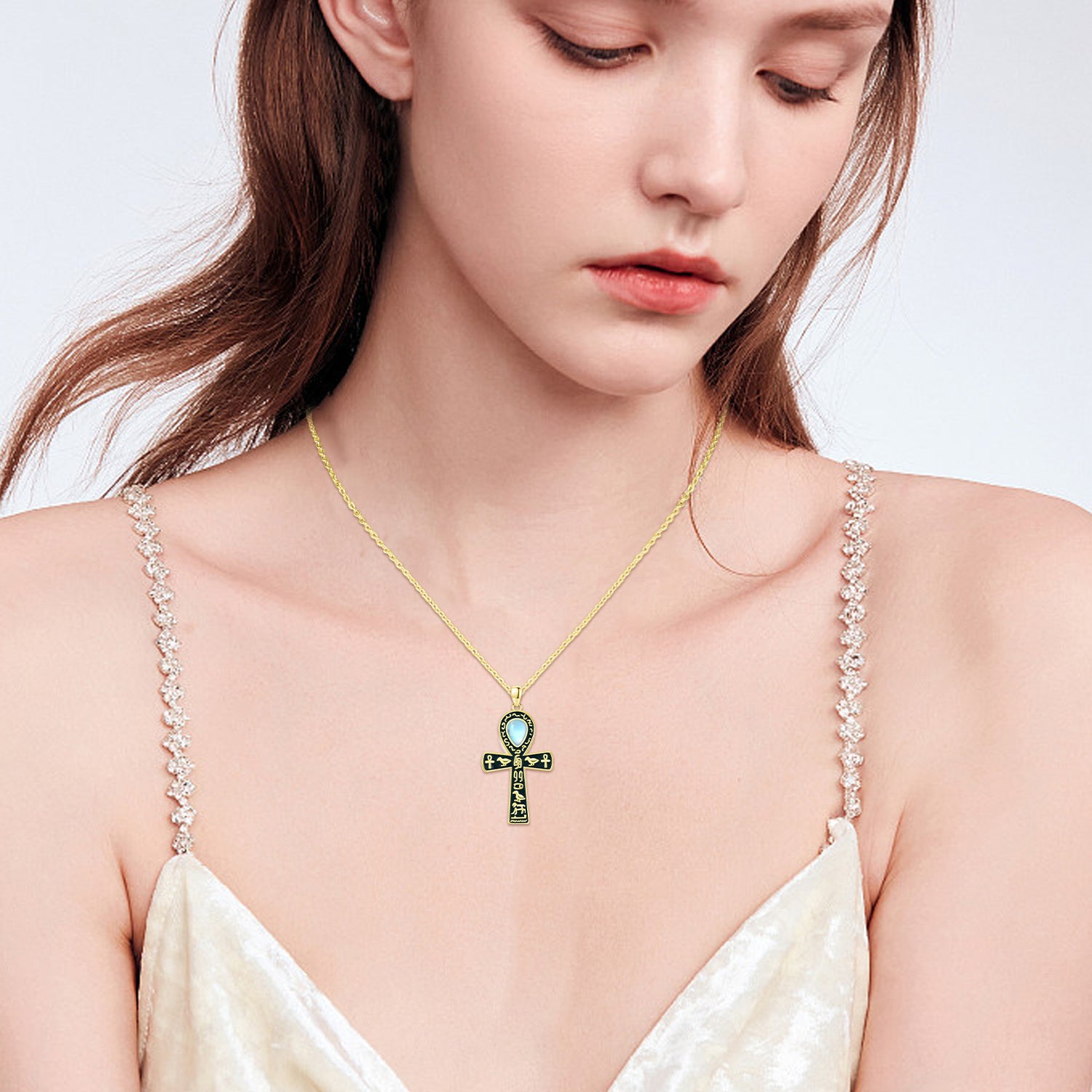 Sterling Silver Two-tone Moonstone Ankh Pendant Necklace