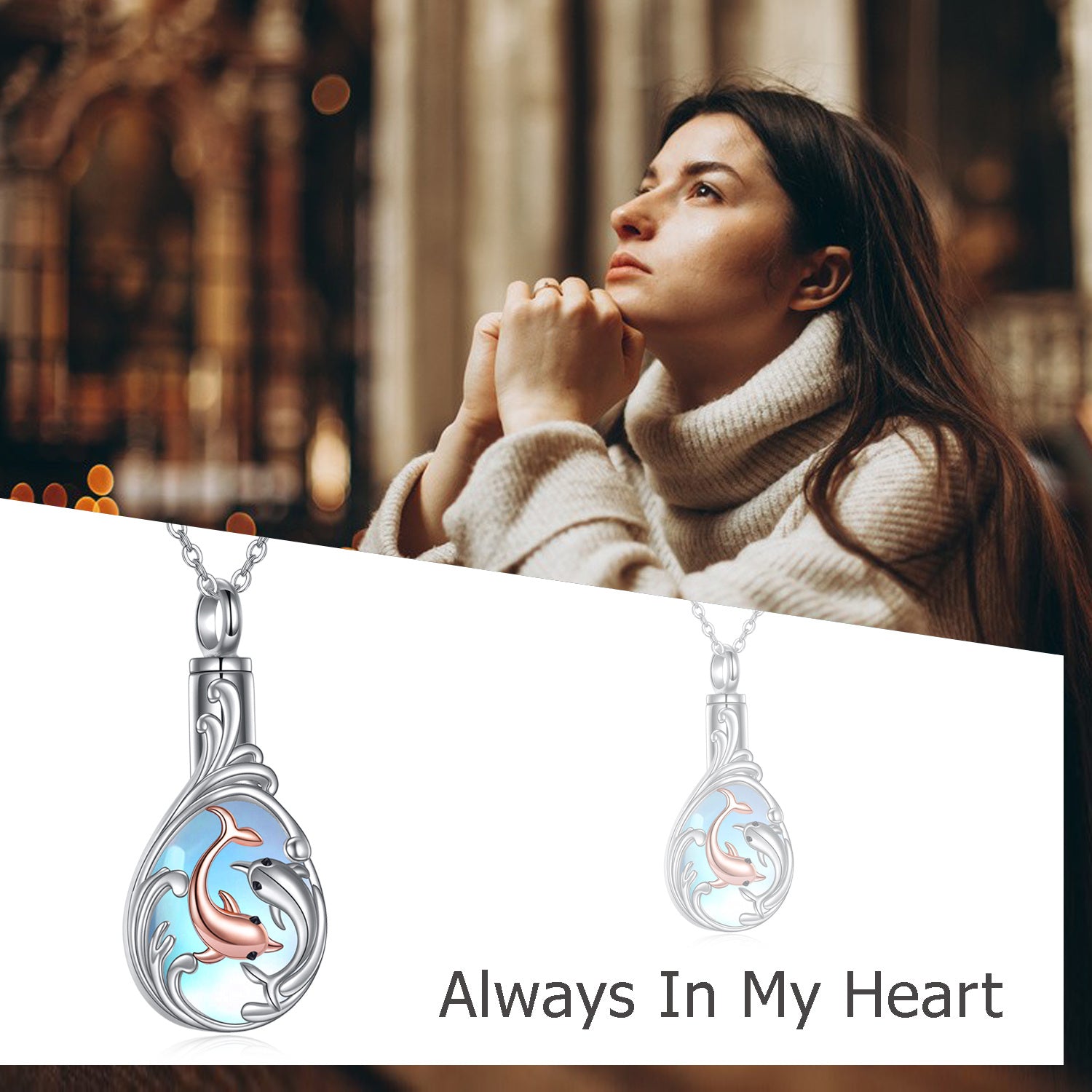 Sterling Silver Two-tone Moonstone Dolphin & Drop Shape Urn Necklace for Ashes