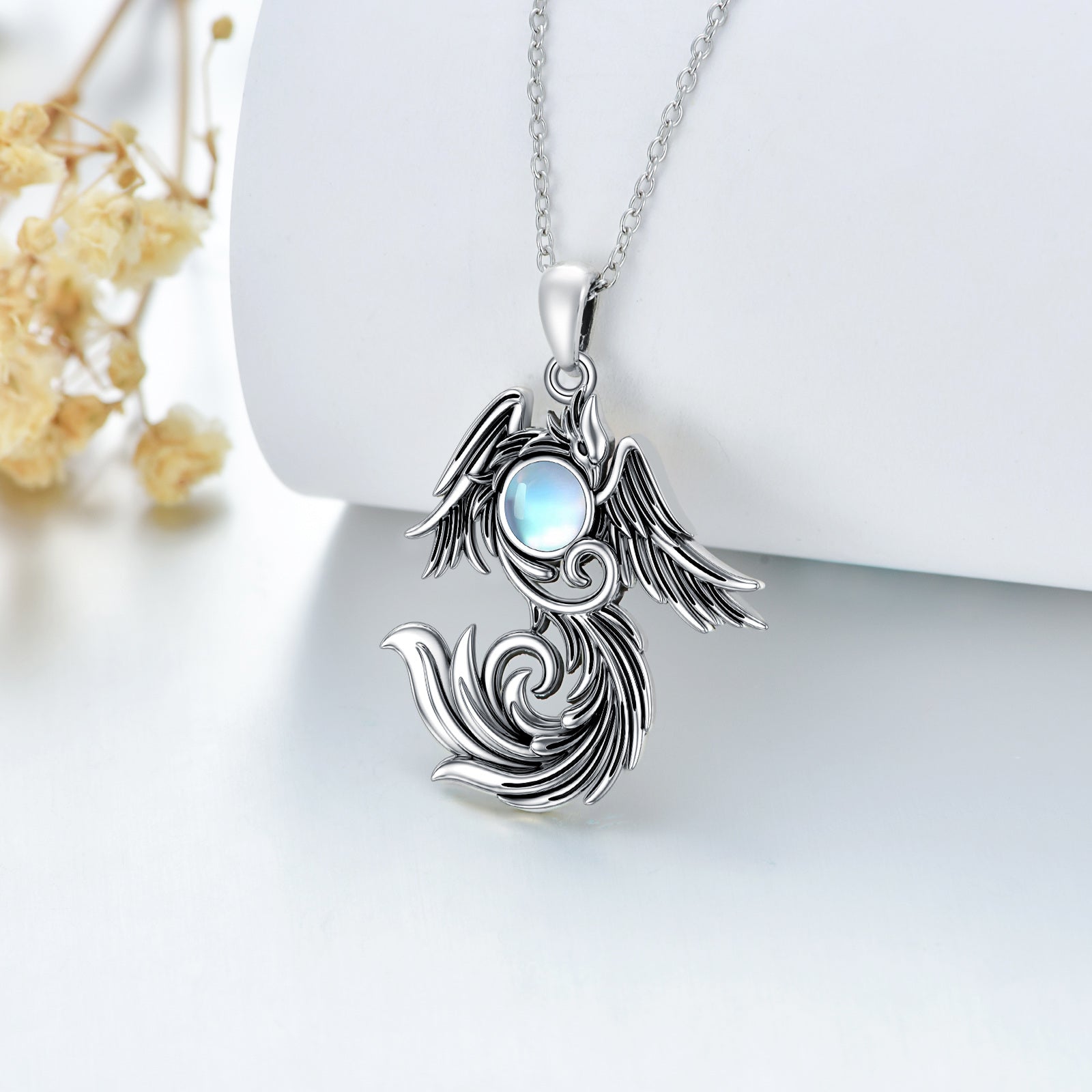 Sterling Silver Two-tone Moonstone Phoenix Pendant Necklace