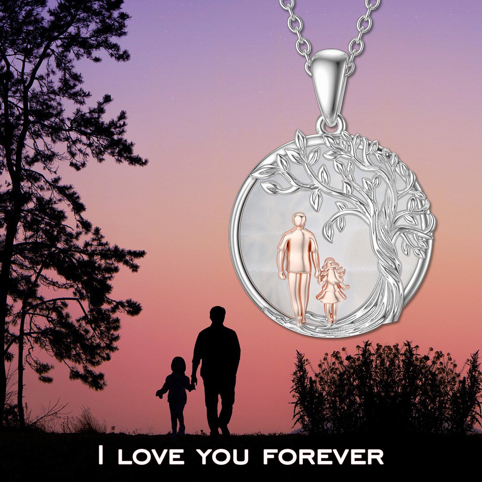 Sterling Silver Two-tone Moonstone Tree Of Life Father & Daughter Pendant Necklace